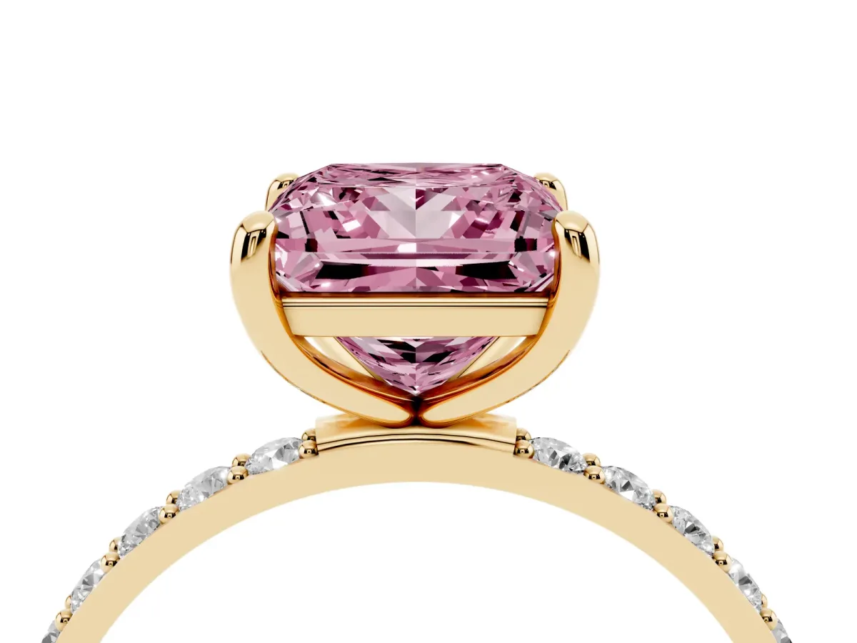 Fancy Pink Princess Cut Diamond Solitaire Ring with Round Pavé Band and Prong Setting Yellow gold