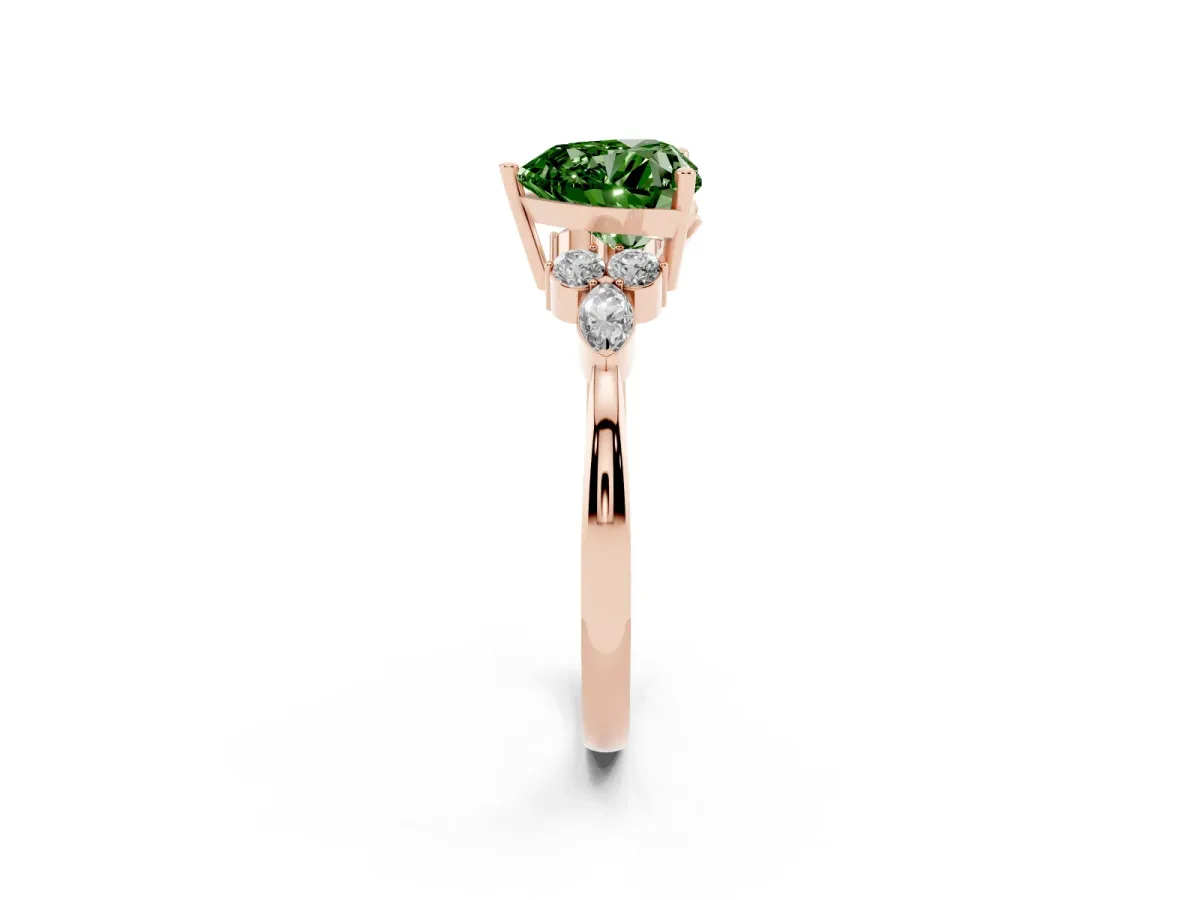 Fancy Green Heart Cut Brilliant Diamond Solitaire Ring with Pear Side Stones and Four-Prong Setting Rose gold