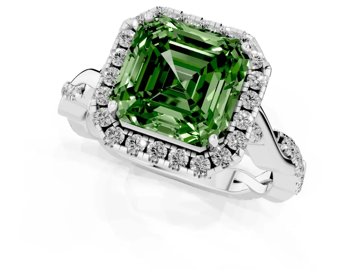 Fancy Green Asscher Cut Halo Twist Band Solitaire Ring Silver