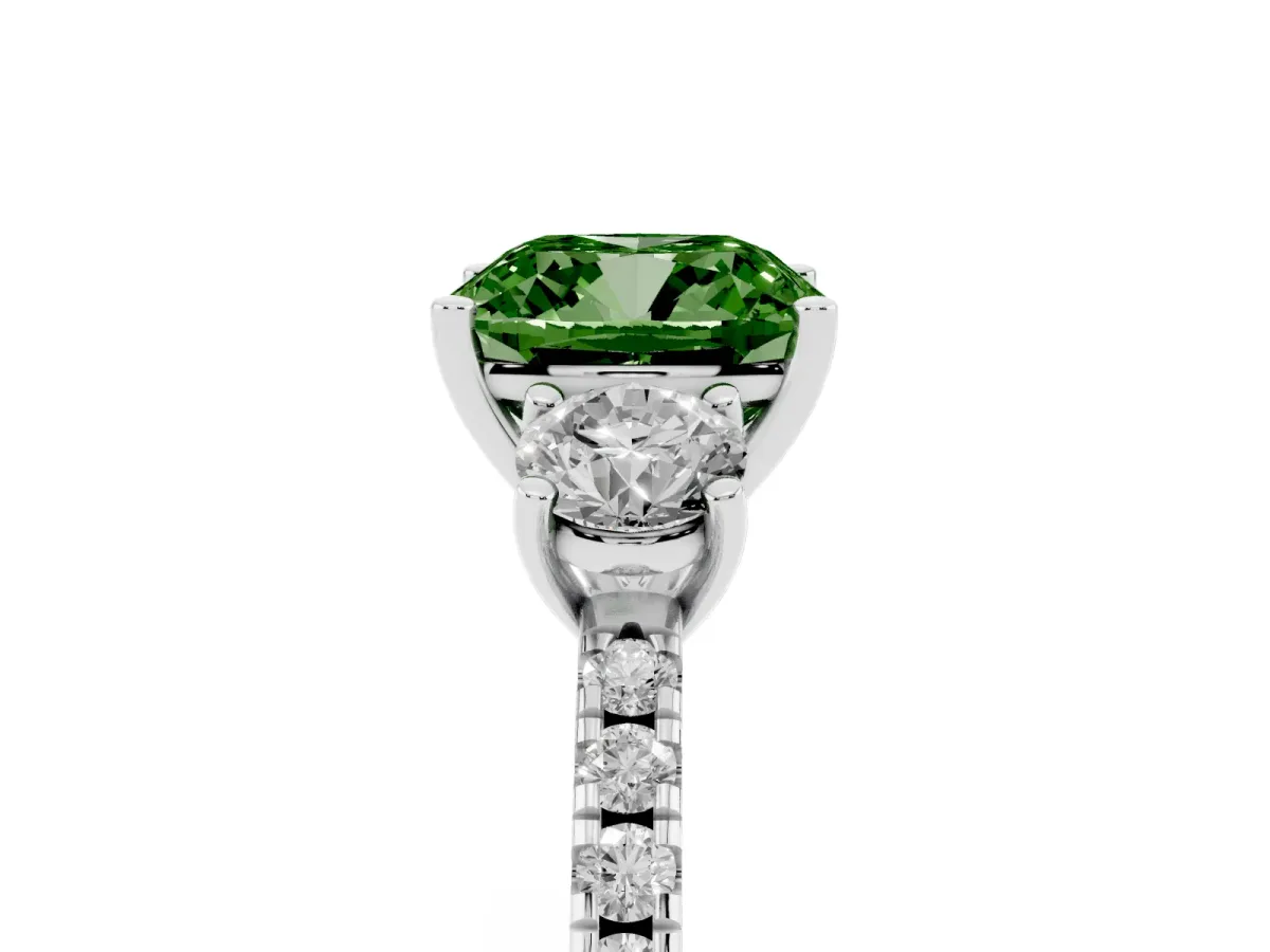 Fancy Green Three-Stone Cushion Cut Cut Diamond Pavé Band with Prong Setting Platinum
