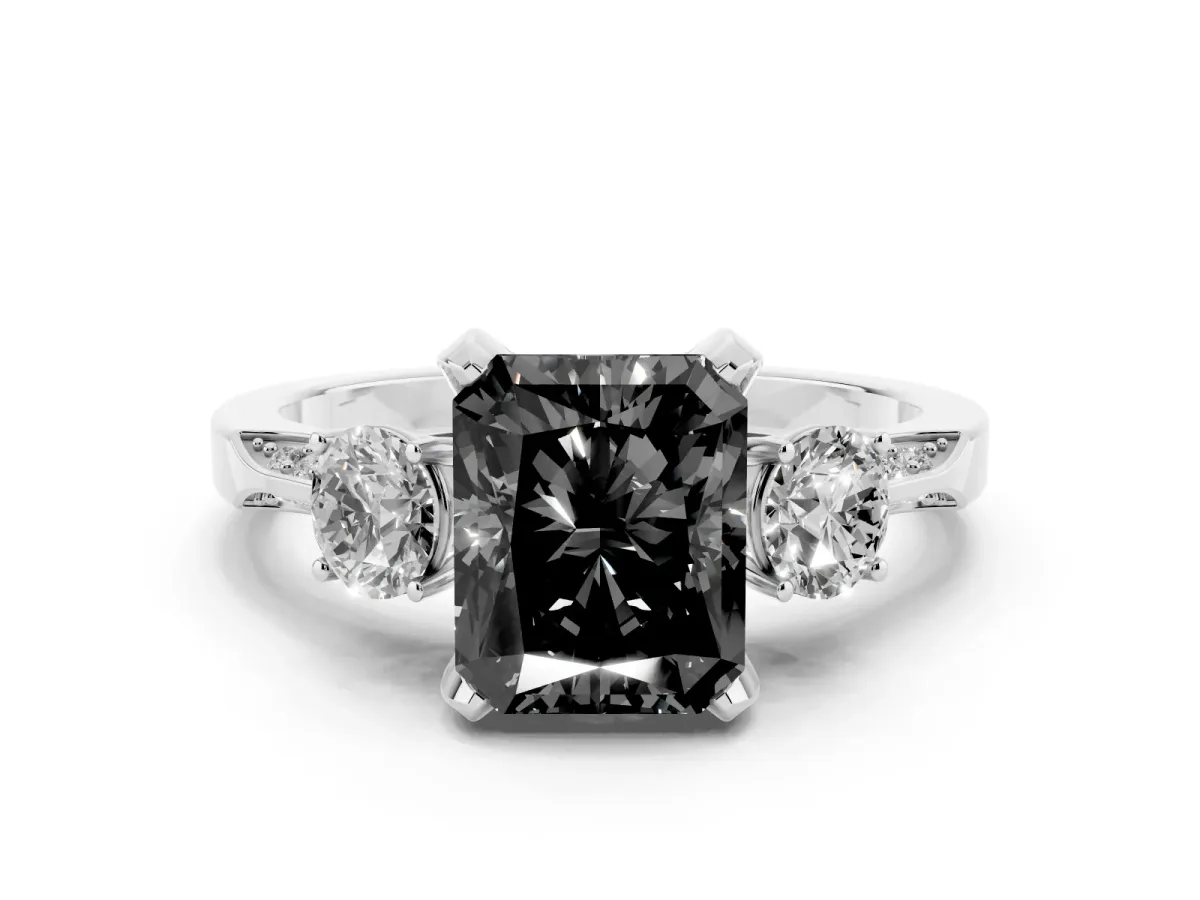 Fancy Black Radiant Cut Brilliant Three-Stone Diamond Ring with Pavé Band and Four-Prong Setting Platinum