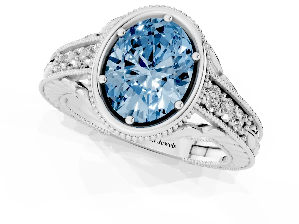 Fancy Blue Bezel Set Oval Cut Diamond Milgrain Pave Engagement Ring Silver