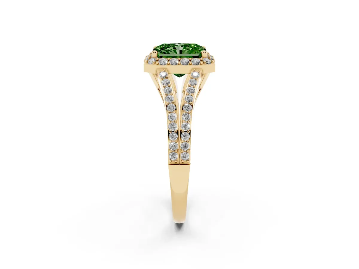 Fancy Green Radiant Cut Halo Split Shank Pave Diamond Ring with Four-Prong Setting Yellow gold
