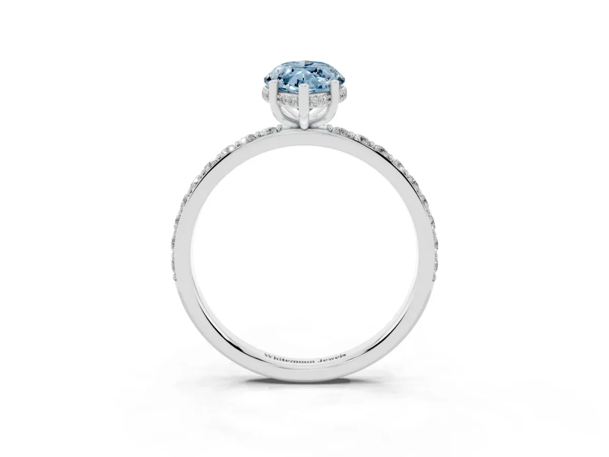 Fancy Blue Marquise Cut Diamond Solitaire Ring with Pavé Band and Hidden Halo Silver