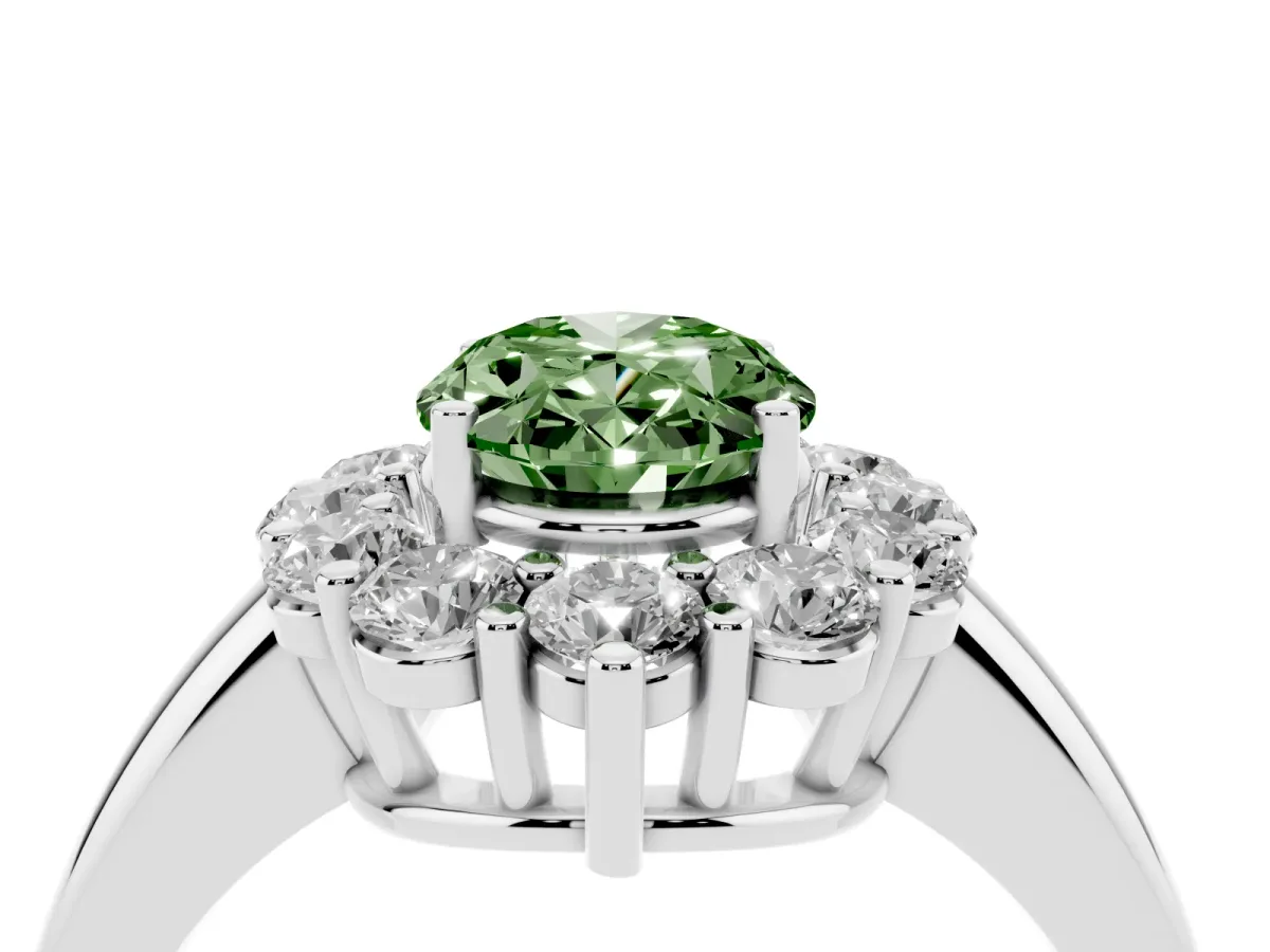 Fancy Green Oval Cut Halo Cluster Diamond Engagement Ring with Prong Setting and Polished Band Platinum