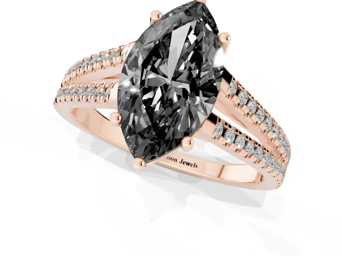 Fancy Black Marquise Cut Diamond Solitaire Engagement Ring with Split Shank Pavé Band Rose gold