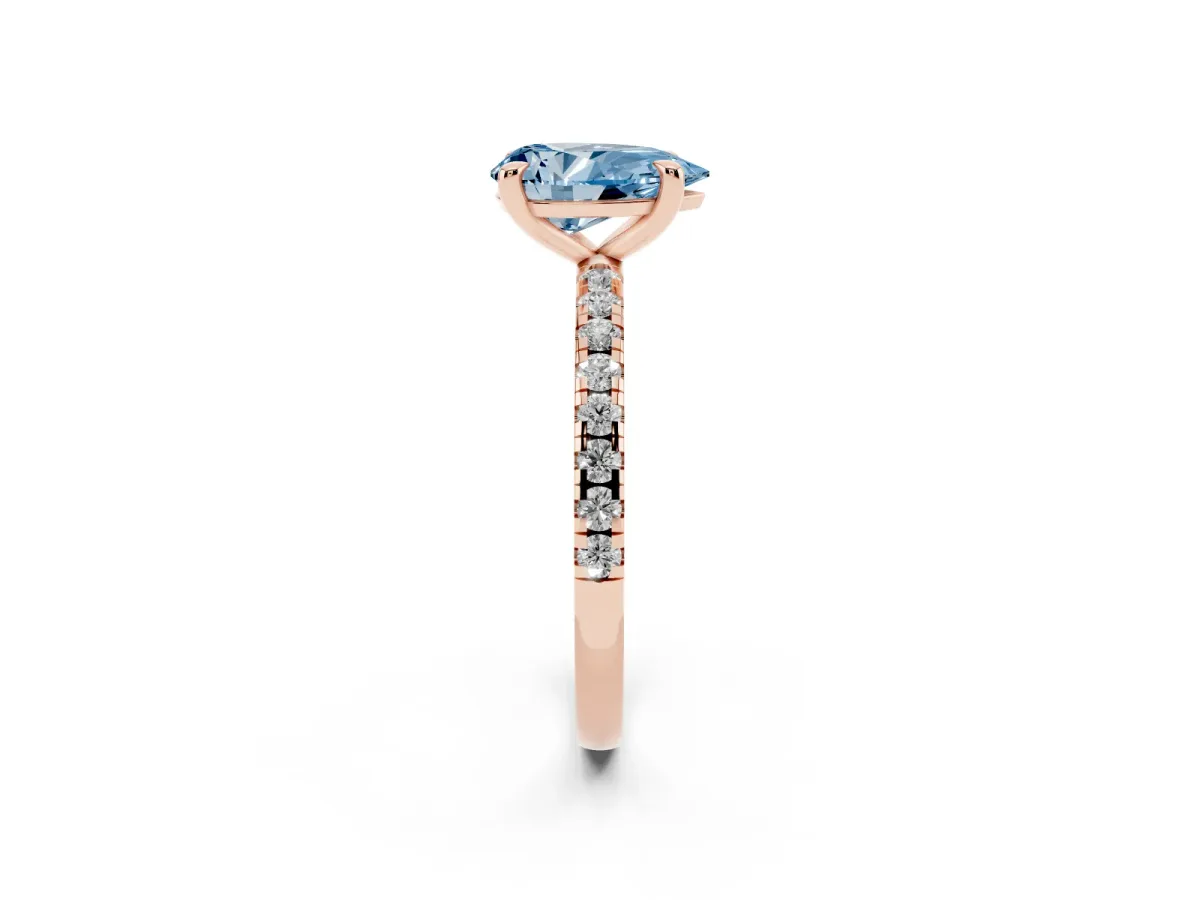 Fancy Blue Pear Cut Diamond Brilliant Solitaire Ring with Pavé Band and Four-Prong Setting Rose gold