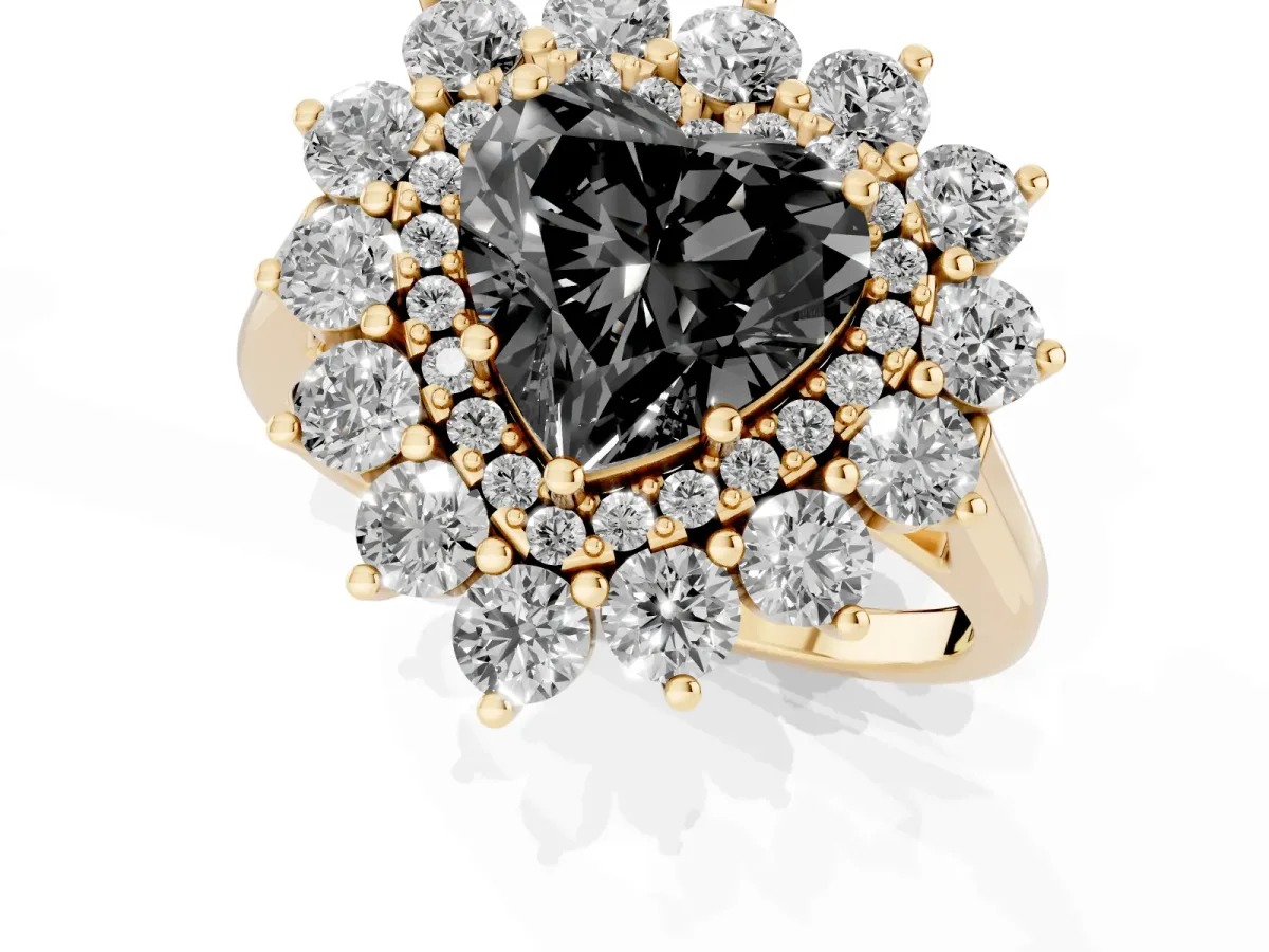 Fancy Black Heart Cut Diamond Floral Double Halo Engagement Ring with Prong Setting Yellow gold