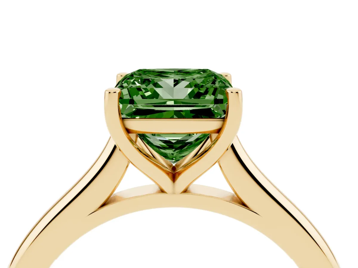 Fancy Green Princess Cut Cut Solitaire Ring with Cathedral Band and Four-Prong Setting Yellow gold