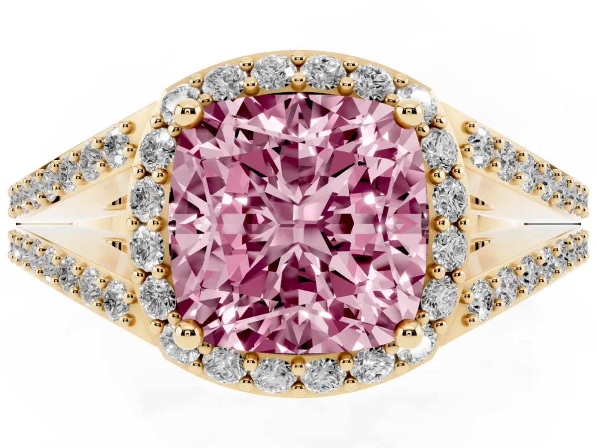 Fancy Pink Cushion Cut Halo Split Shank Pave Diamond Ring with Four-Prong Setting Yellow gold