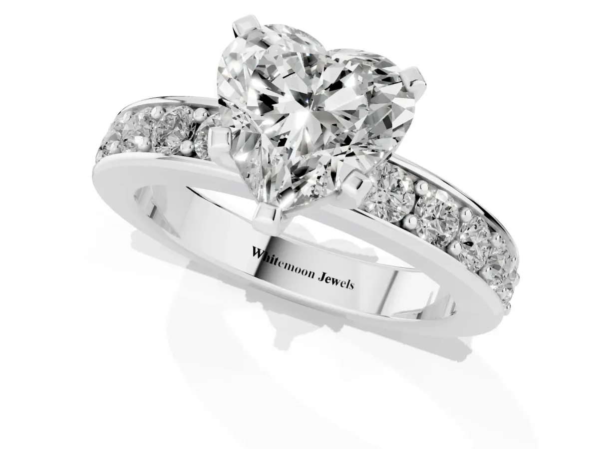 Heart Cut Diamond Engagement Ring with Channel Set Round Band and Prong Setting Silver