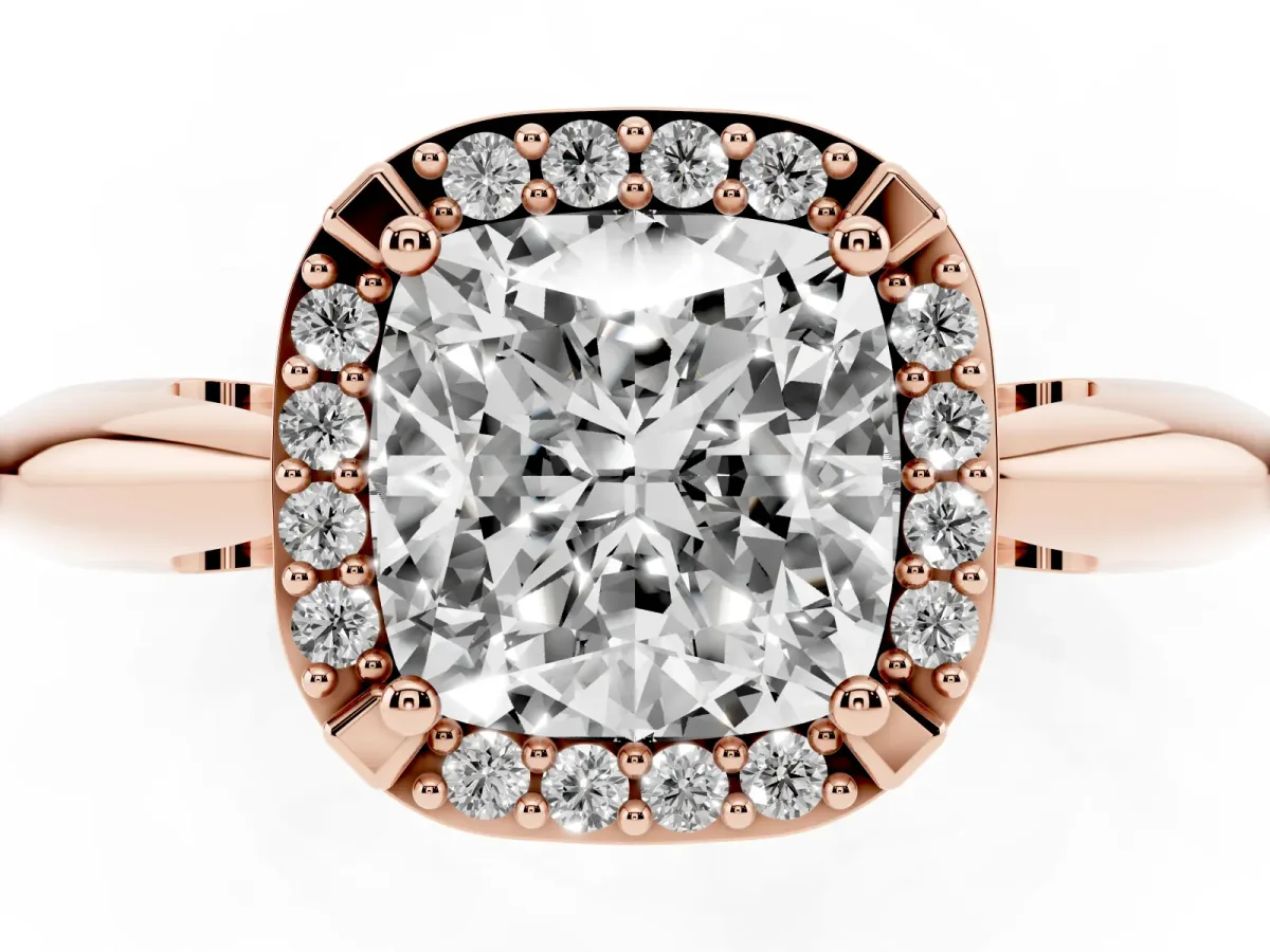 Cushion Cut Cut Diamond Halo Engagement Ring with Split Shank and Four-Prong Setting Rose gold