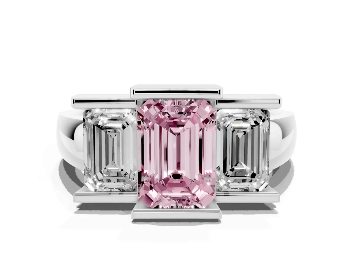Fancy Pink Three Stone Emerald Cut Cut Channel Set Diamond Ring Platinum