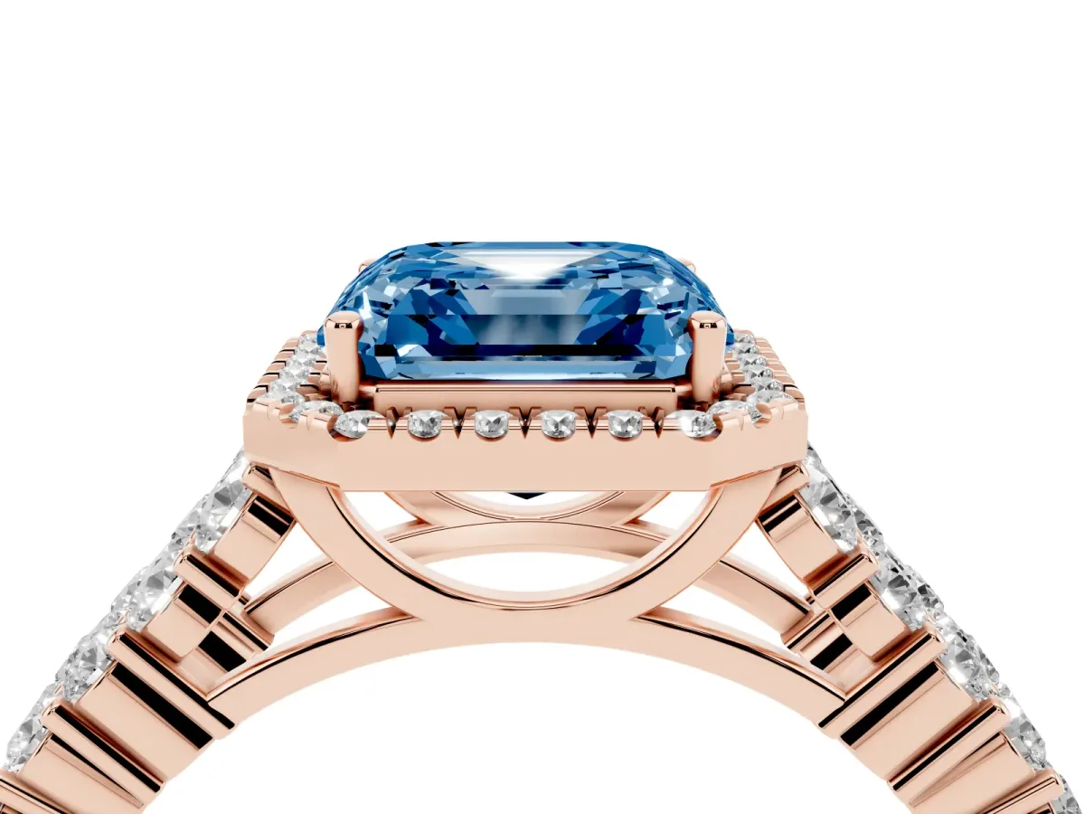 Fancy Blue Asscher Cut Diamond Halo Engagement Ring with Triple Row Round Pavé Band and Prong Setting Rose gold
