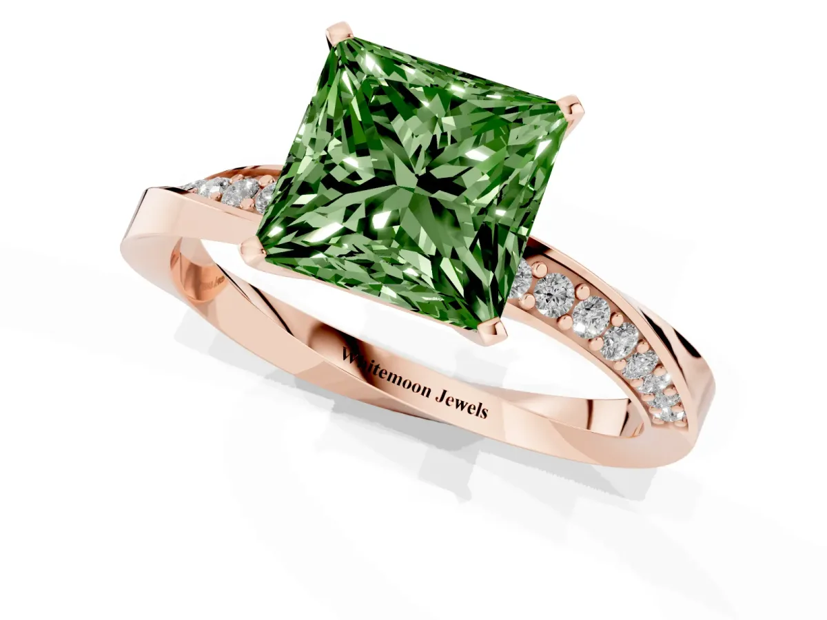 Fancy Green Princess Cut Diamond Engagement Ring with Side Stone Accents and Four-Prong Setting Rose gold