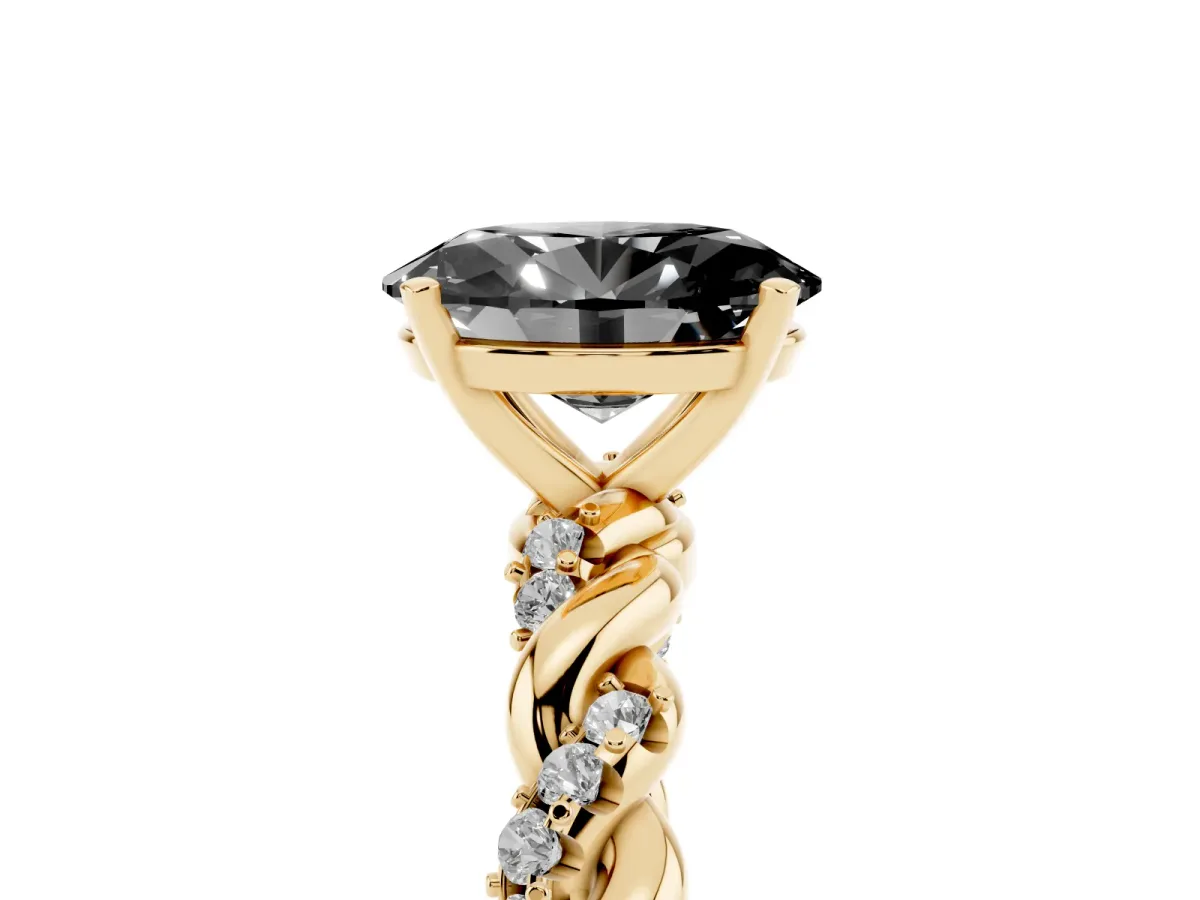 Fancy Black Oval Cut Diamond Solitaire Ring with Twisted Band and Pavé Accents Yellow gold
