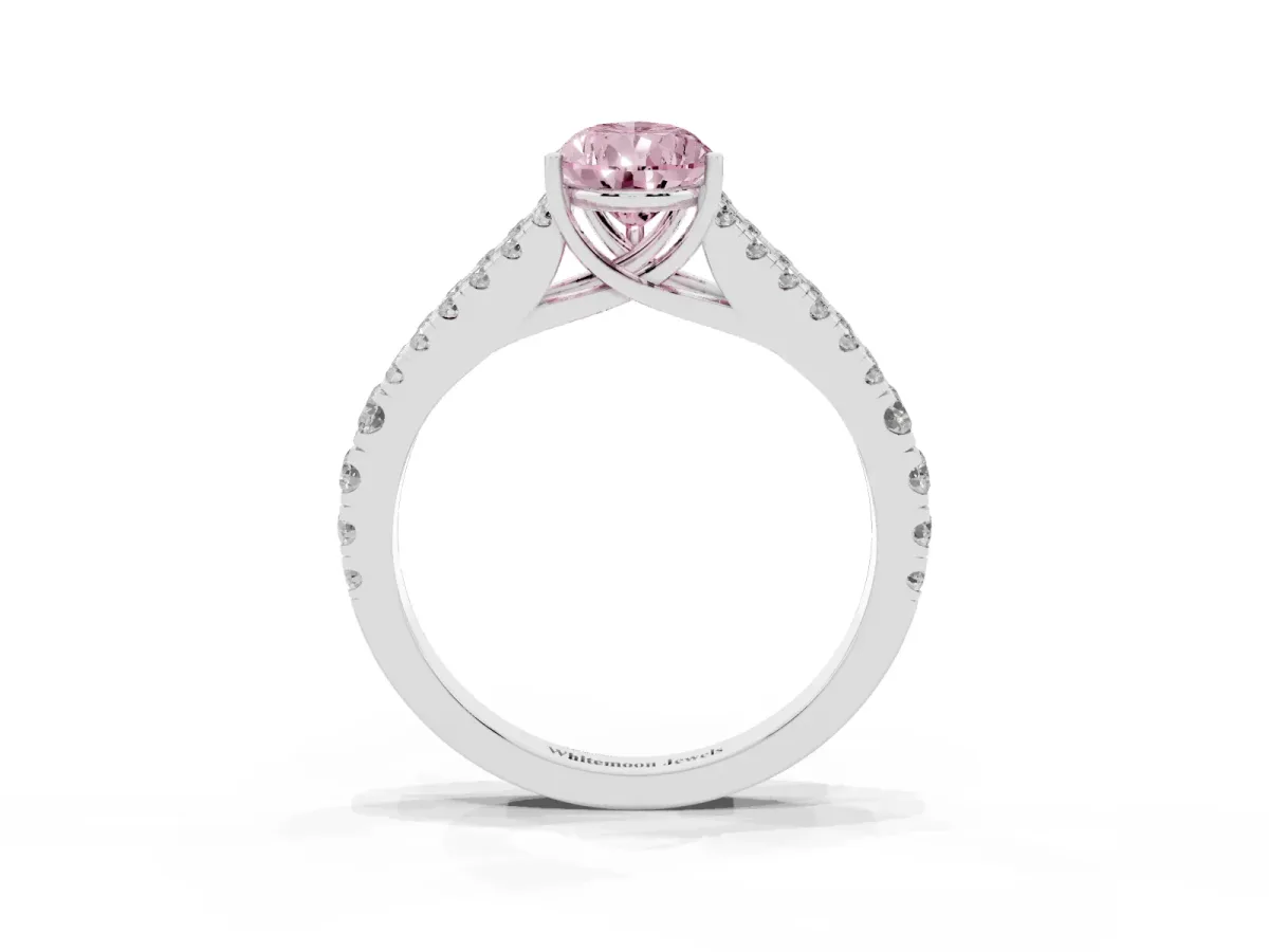 Fancy Pink Pear Cut Diamond Split Shank Pavé Engagement Ring with Four-Prong Setting White gold