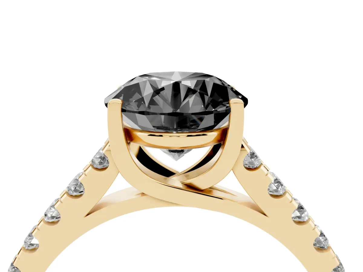 Fancy Black Round Cut Diamond Pavé Band Solitaire Ring with Prong Setting Yellow gold