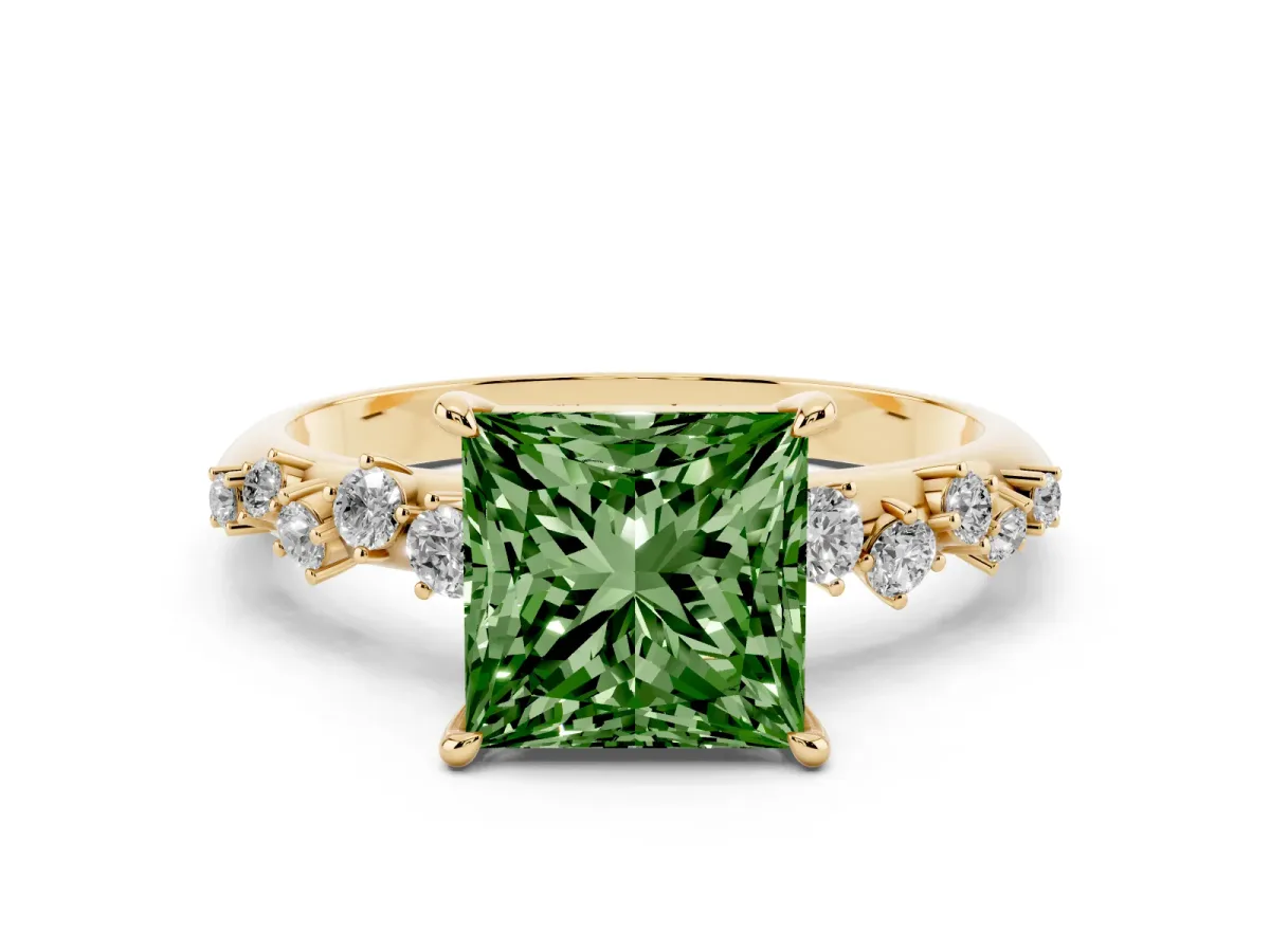 Fancy Green Princess Cut Diamond Cluster Side Stone Solitaire Ring with Prong Setting Yellow gold