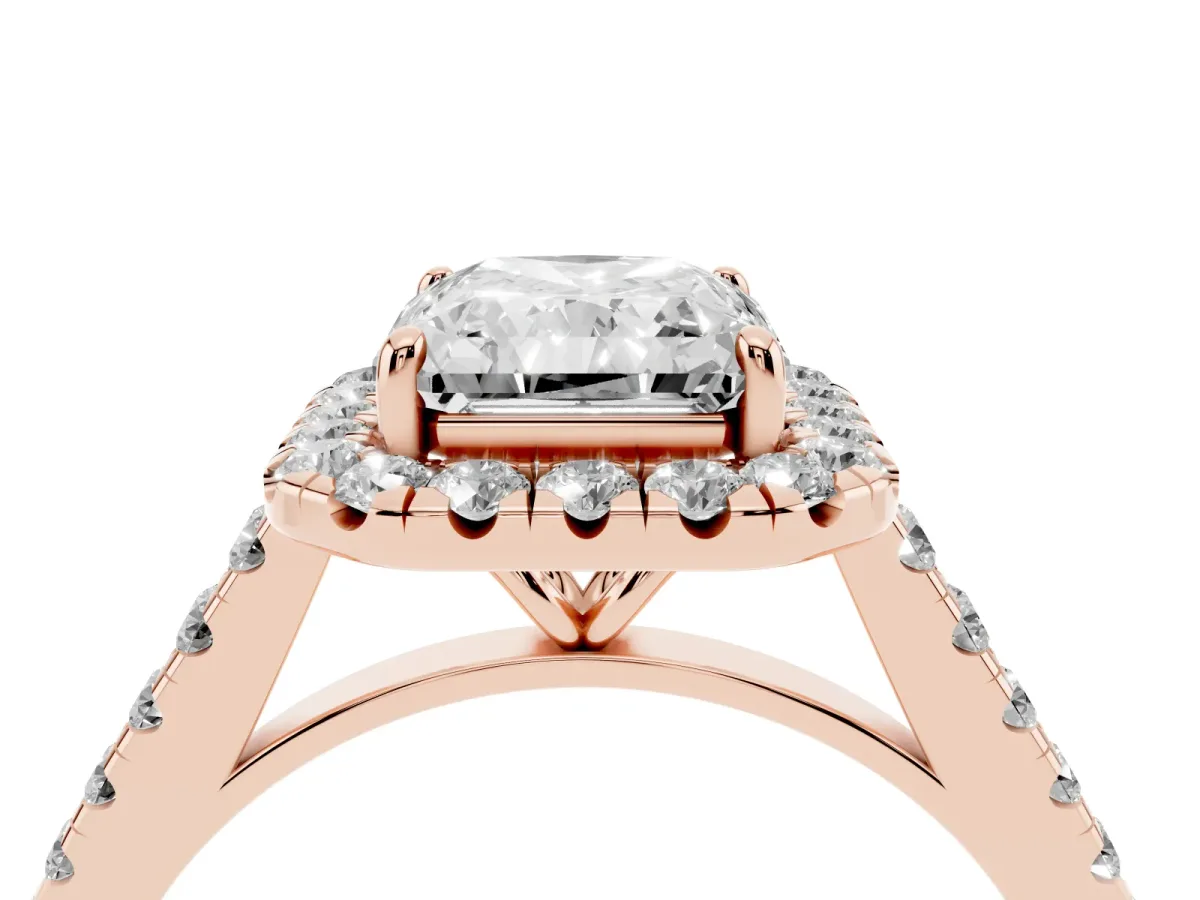 Radiant Cut Halo Pave Diamond Engagement Ring with Four-Prong Setting Rose gold