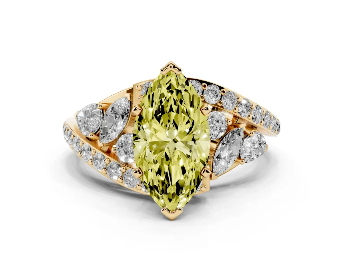 Fancy Yellow Marquise Cut Diamond Halo Ring with Marquise and Pavé Band in Prong Setting Yellow gold
