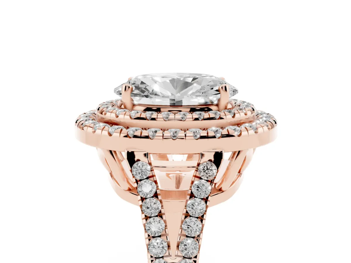 Oval Cut Diamond Double Halo Ring with Pavé Band and Prong Setting Rose gold