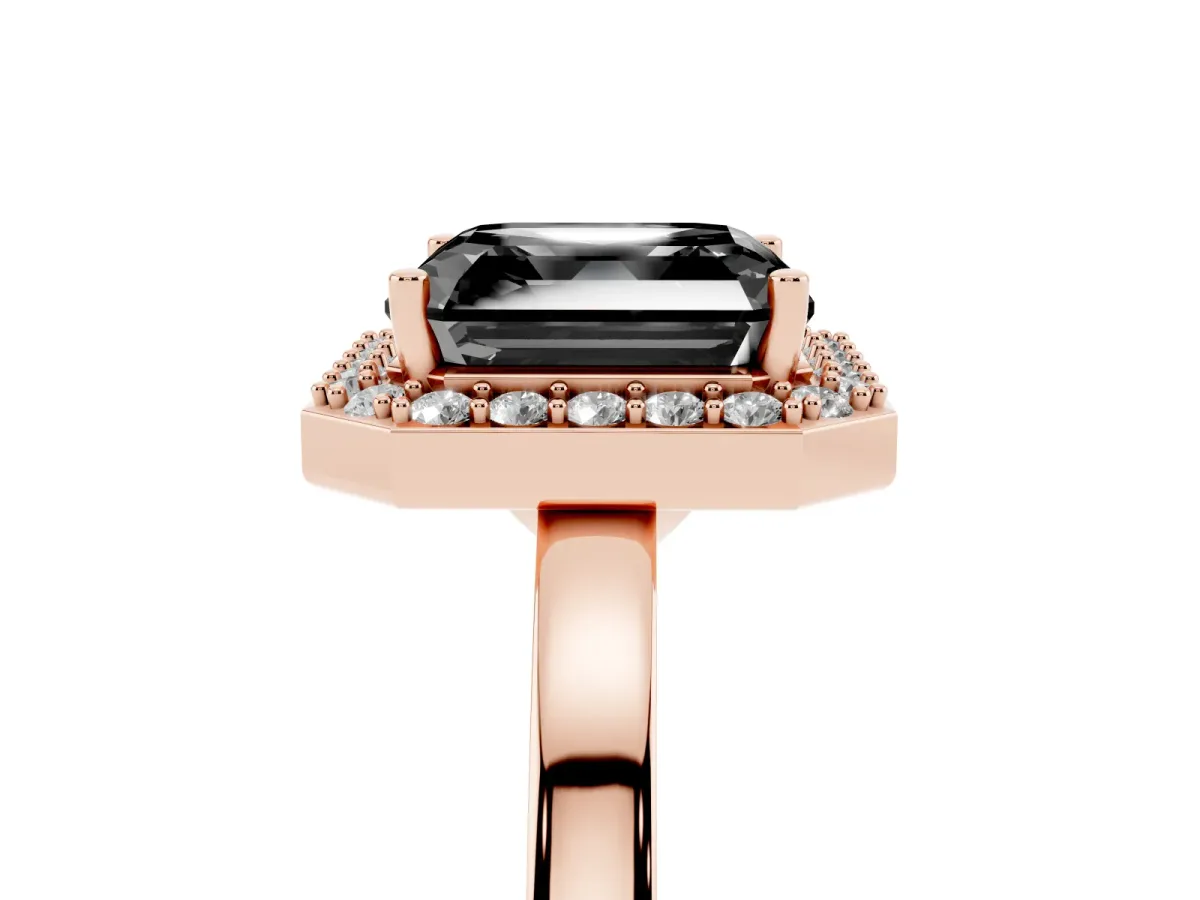 Fancy Black Asscher Cut Halo Diamond Ring with Solitaire Band and Prong Setting Rose gold