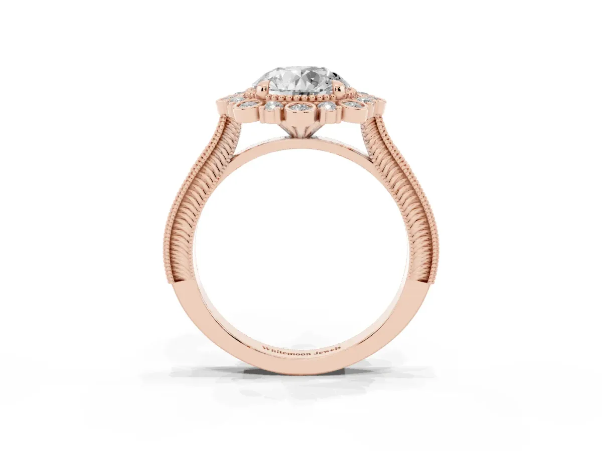 Round Cut Halo Milgrain Pave Diamond Ring with Four-Prong Setting Rose gold
