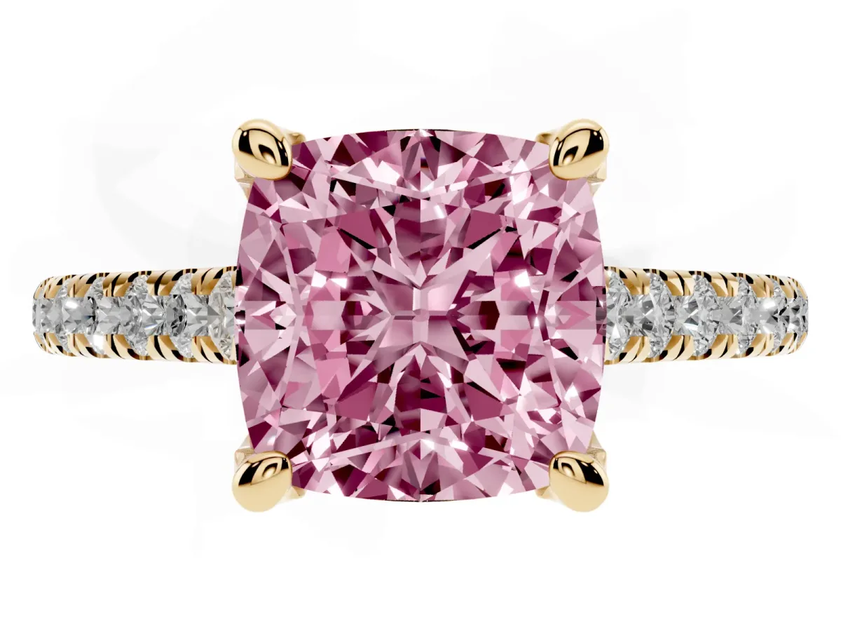 Fancy Pink Cushion Cut Brilliant Diamond Solitaire with Pavé Band and Four-Prong Setting Yellow gold