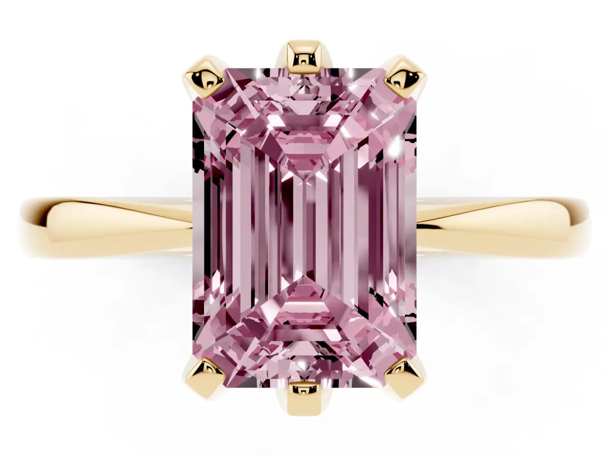 Fancy Pink Emerald Cut Solitaire Engagement Ring with Six-Prong Setting and Tapered Band Yellow gold