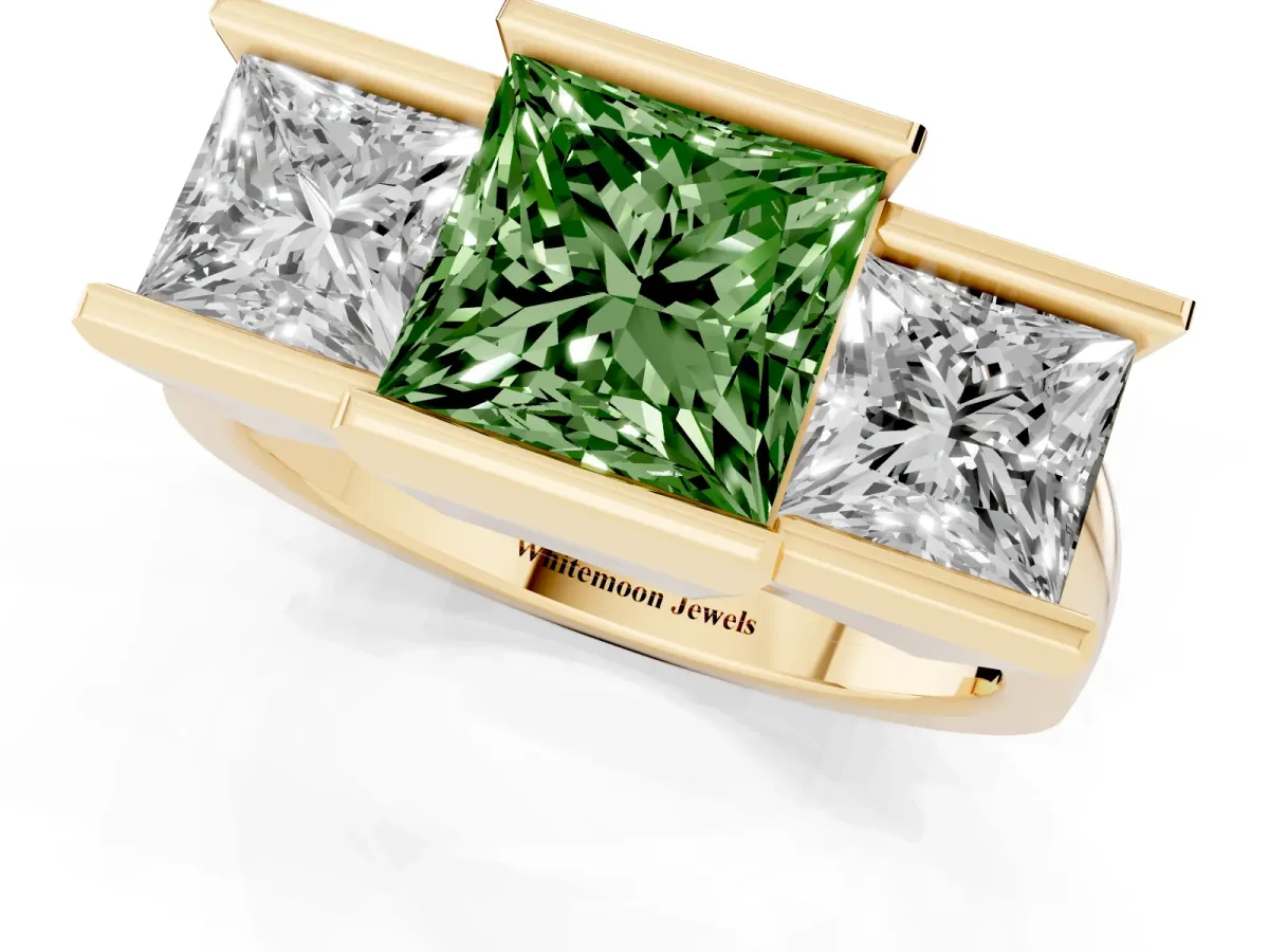 Fancy Green Three Stone Princess Cut Cut Channel Set Diamond Ring Yellow gold