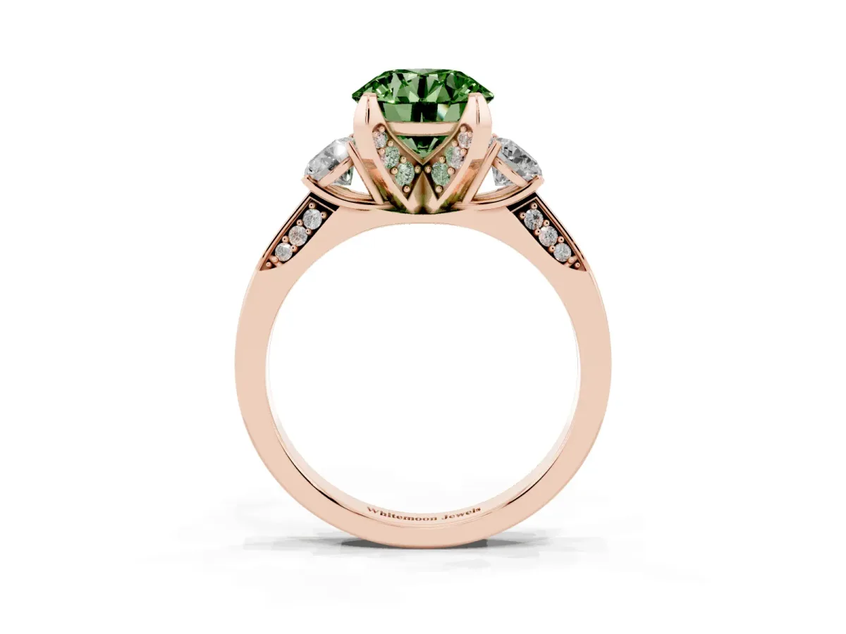 Fancy Green Round Cut Brilliant Three-Stone Diamond Ring with Pavé Band and Four-Prong Setting Rose gold
