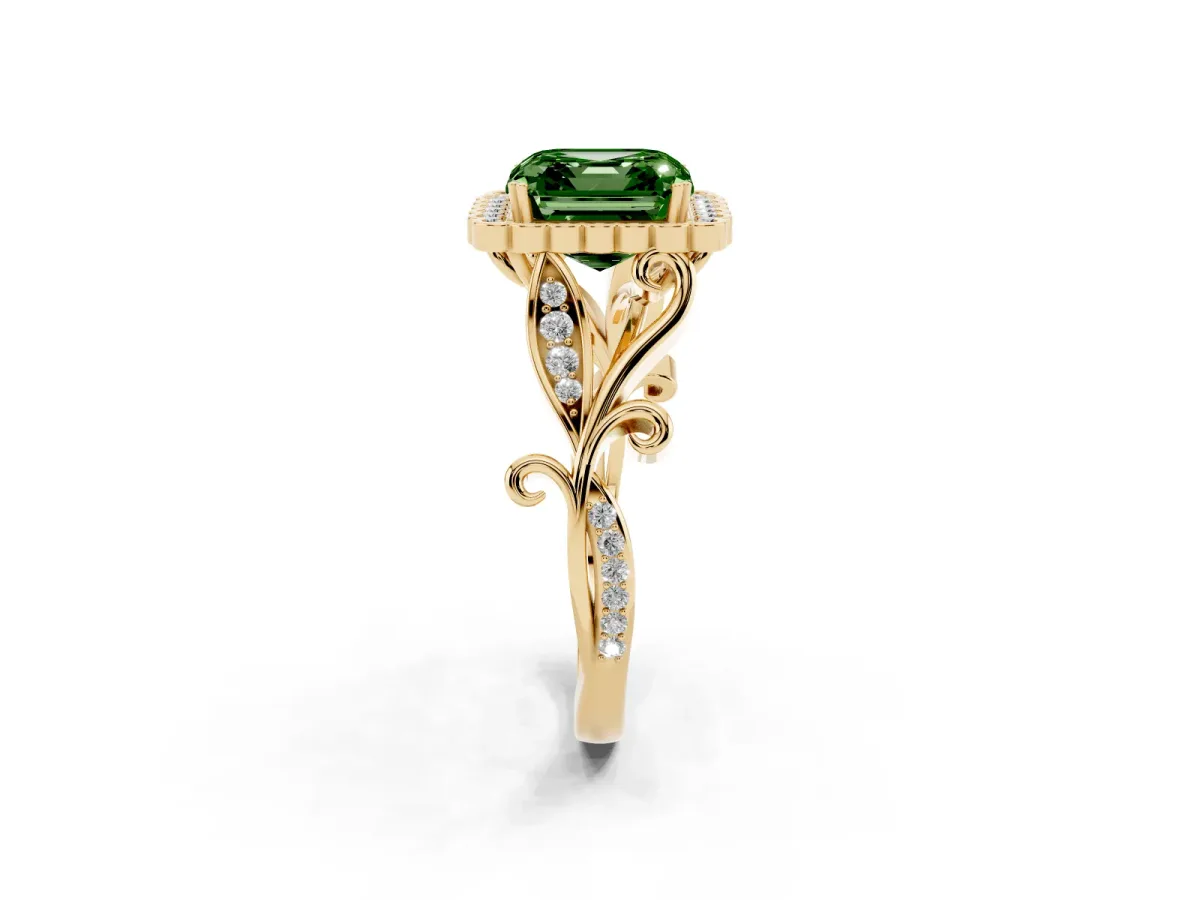 Fancy Green Asscher Cut Diamond Halo Ring with Vintage Split Shank and Four-Prong Setting Yellow gold