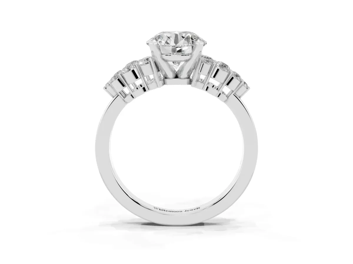 Round Cut Cluster Diamond Engagement Ring with Pavé Band and Four-Prong Setting Silver
