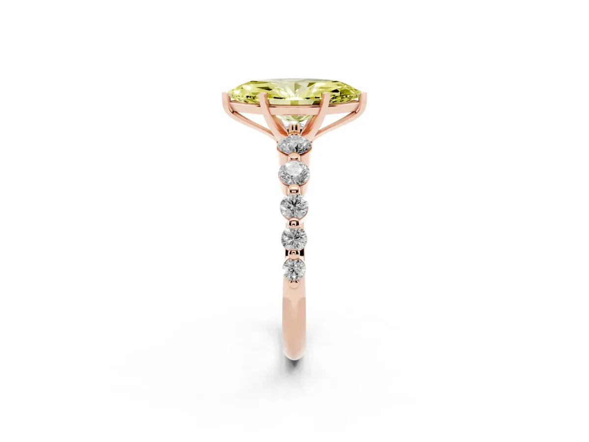 Fancy Yellow Marquise Cut Solitaire Diamond Ring with Pave Band and Four-Prong Setting Rose gold