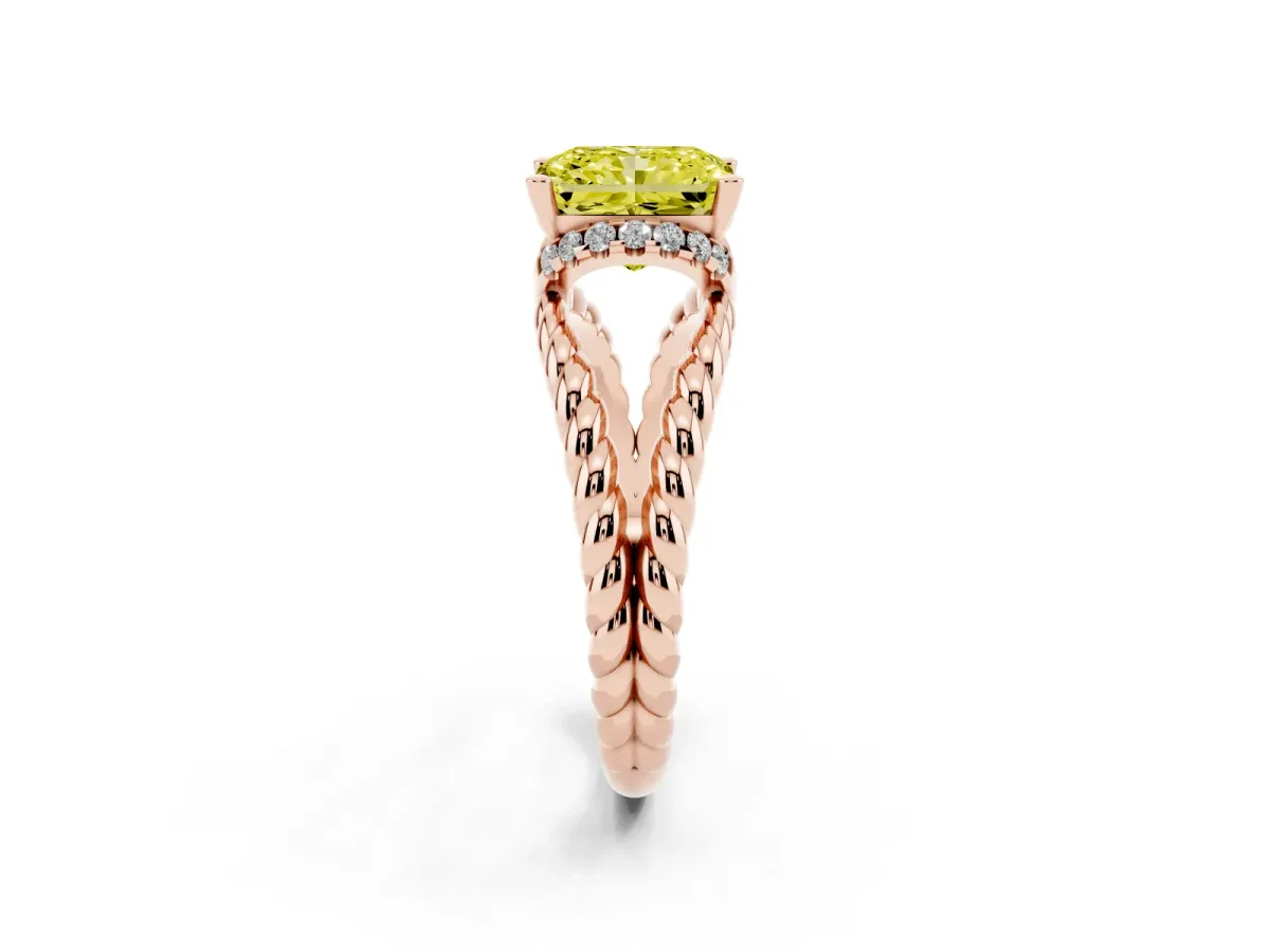 Fancy Yellow Radiant Cut Halo Twisted Band Four-Prong Ring Rose gold