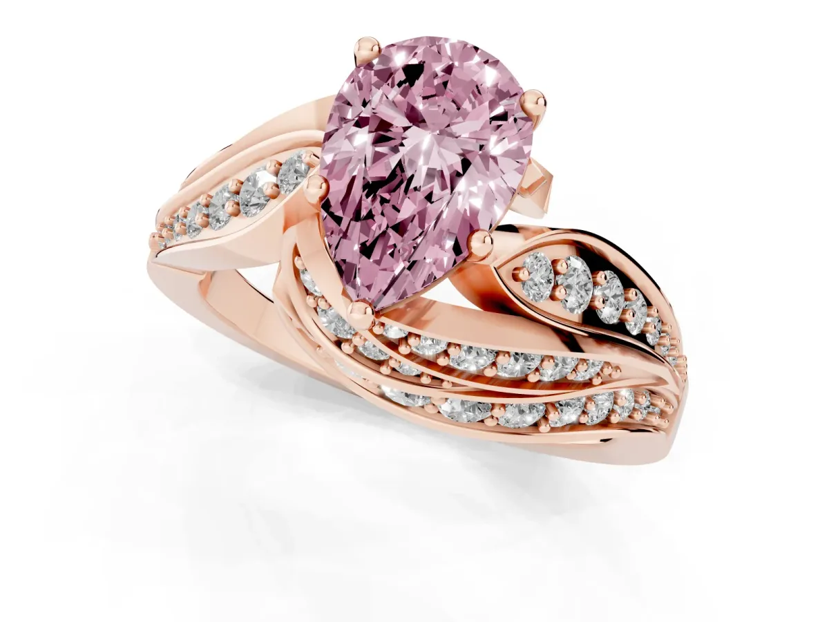 Fancy Pink Pear Cut Diamond Solitaire Ring with Prong Setting and Twisted Pavé Band Rose gold