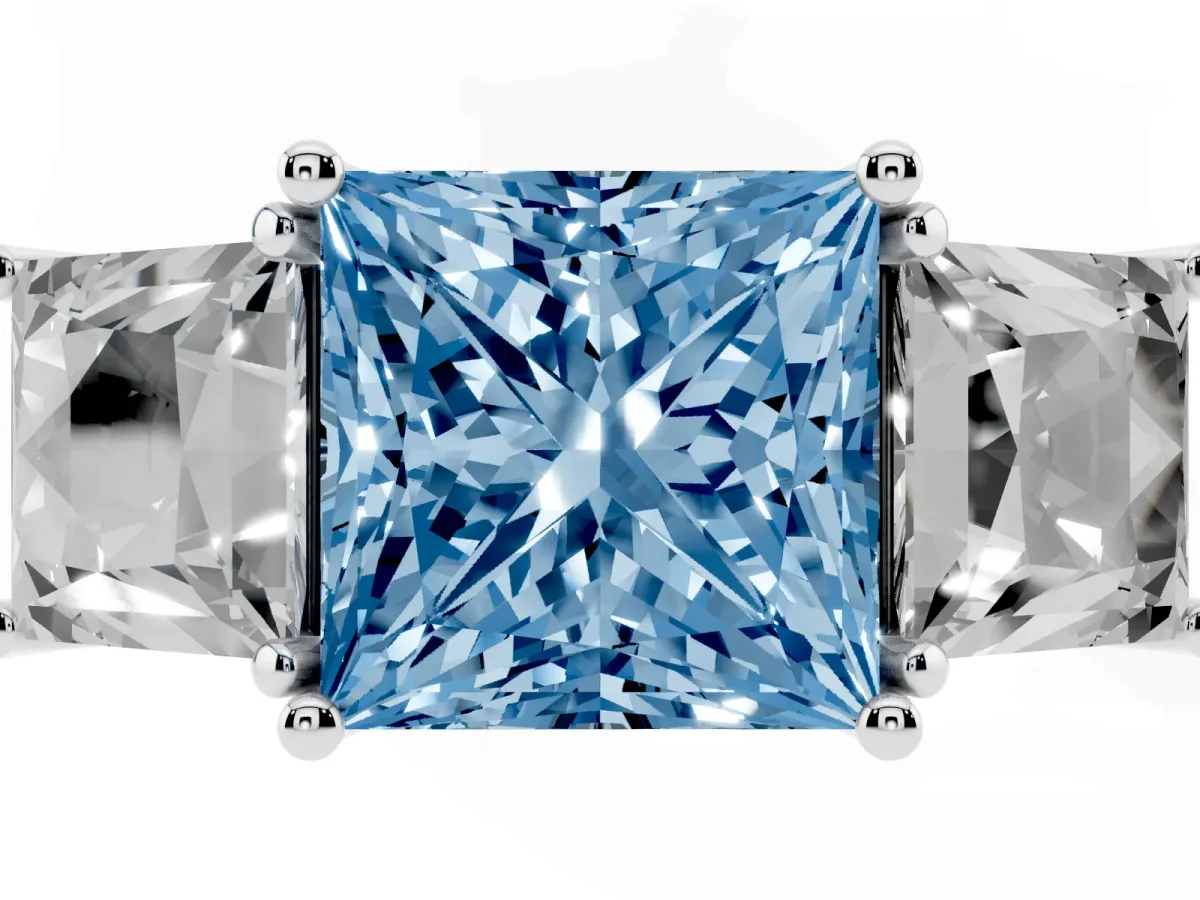 Fancy Blue Three-Stone Princess Cut Diamond Pavé Band with Prong Setting Silver