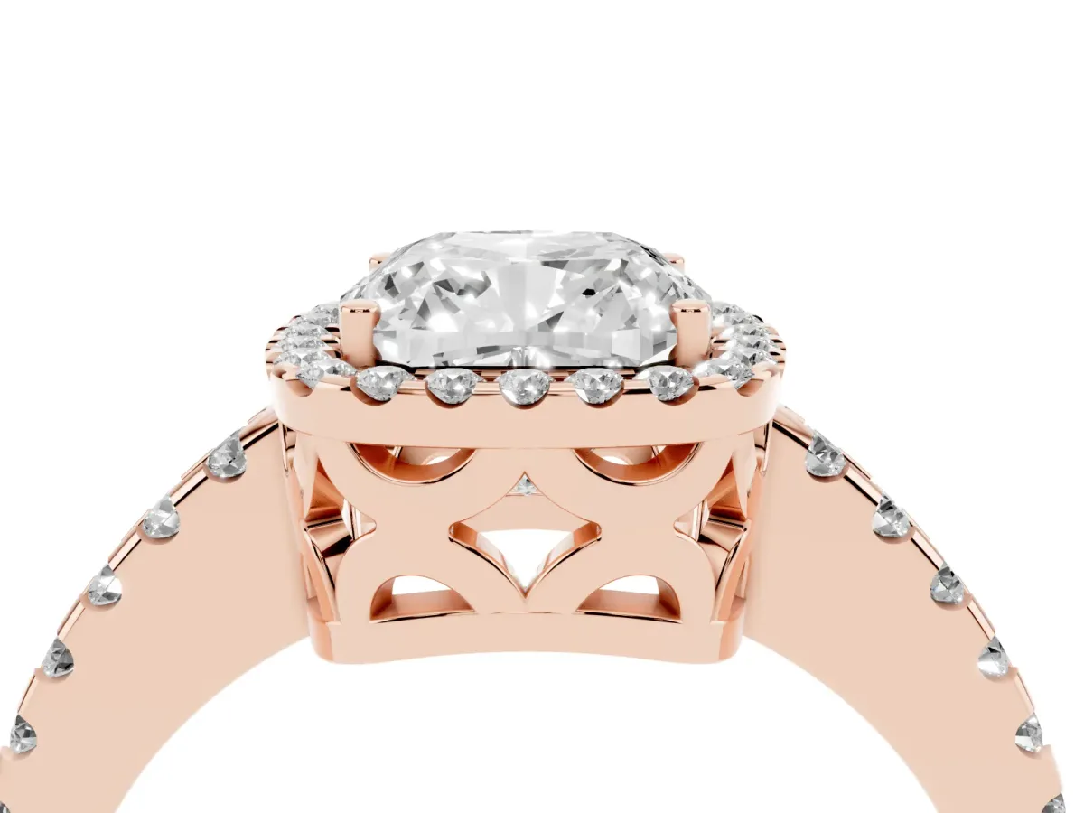 Cushion Cut Diamond Halo Engagement Ring with Pavé Band and Prong Setting Rose gold