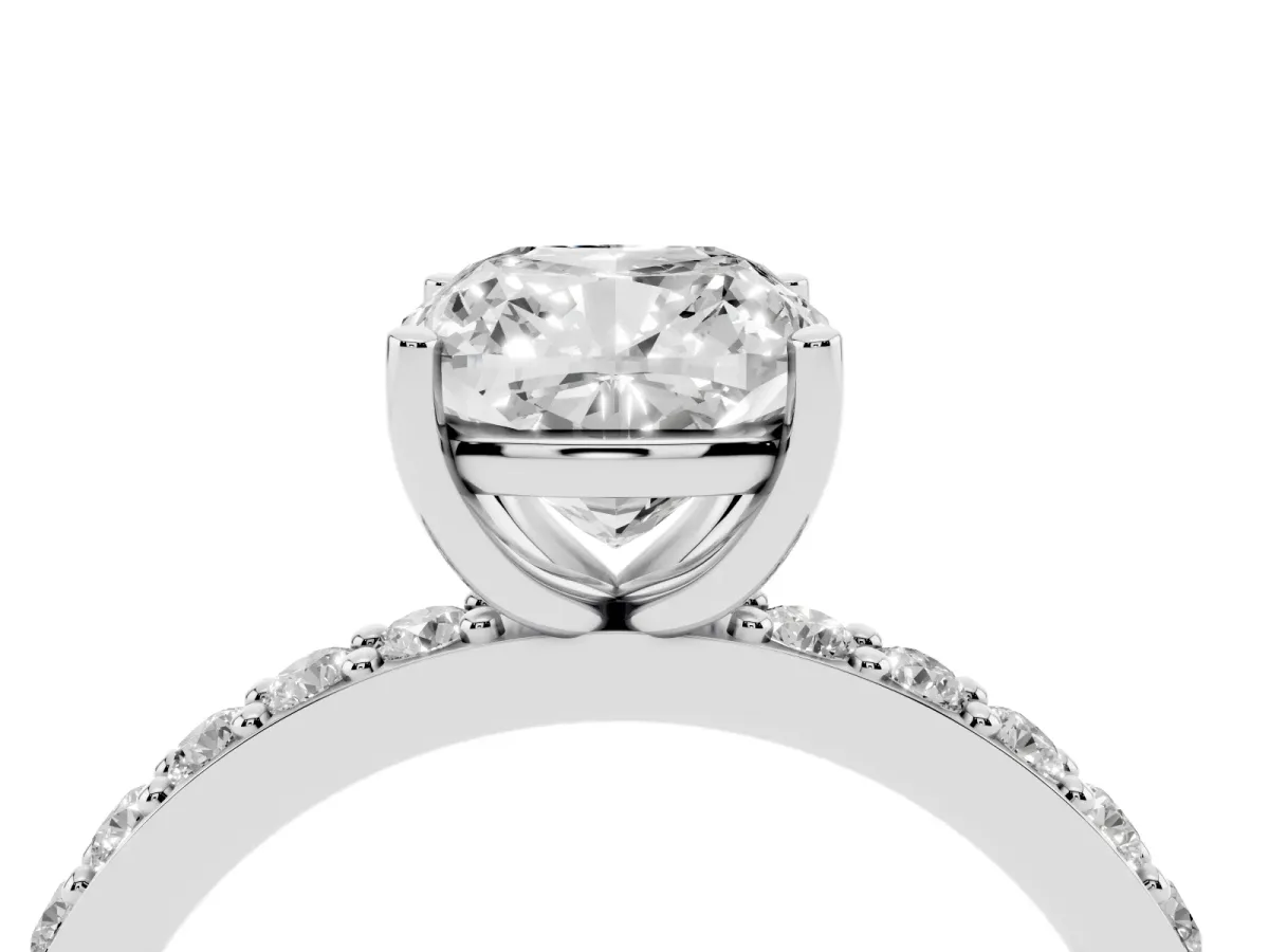 Cushion Cut Cut Diamond Solitaire with Pave Band and Four-Prong Setting Silver