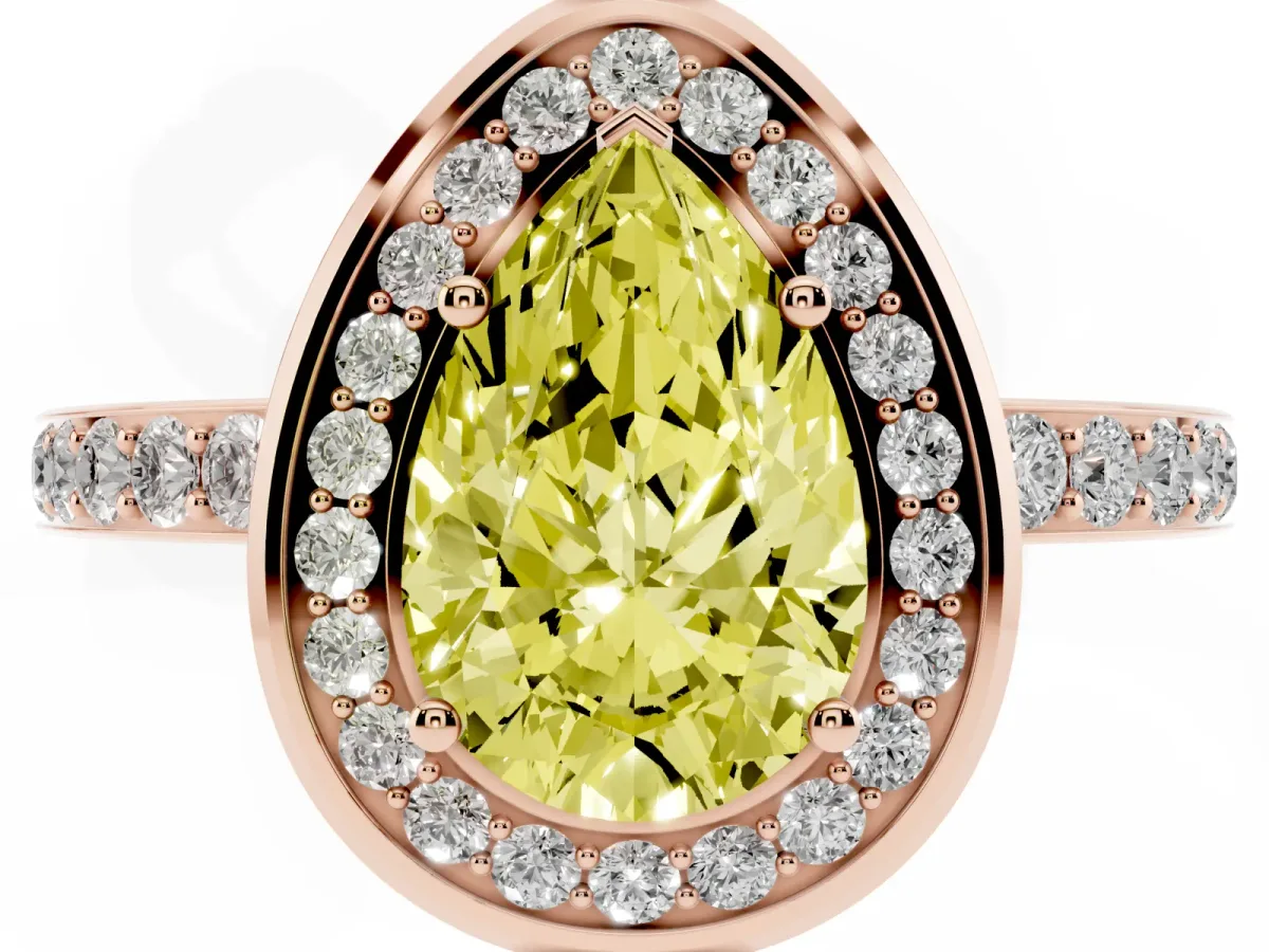 Fancy Yellow Pear Cut Diamond Halo Ring with Bezel Frame and Pavé Band Rose gold