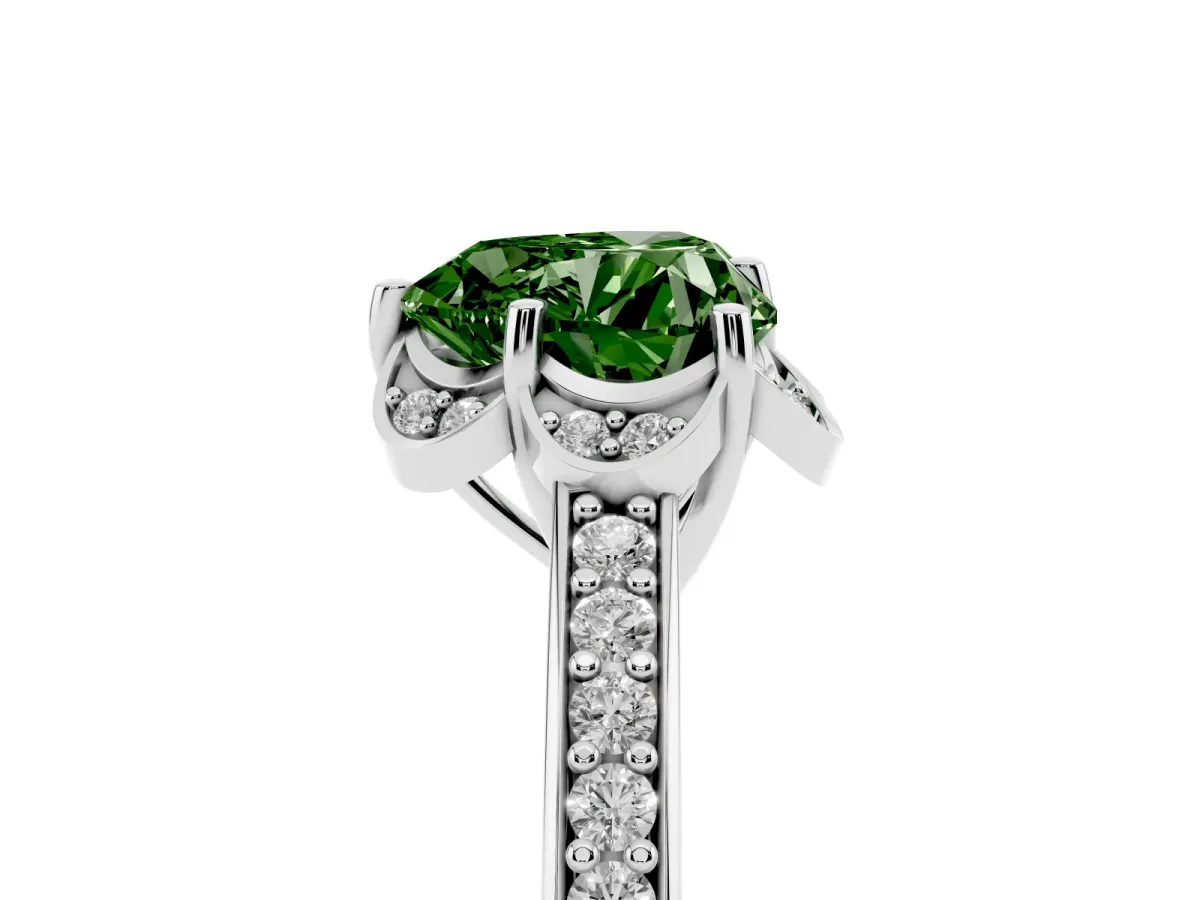 Fancy Green Heart Cut Cut Halo Diamond Ring with Channel Set Band and Four-Prong Setting Platinum