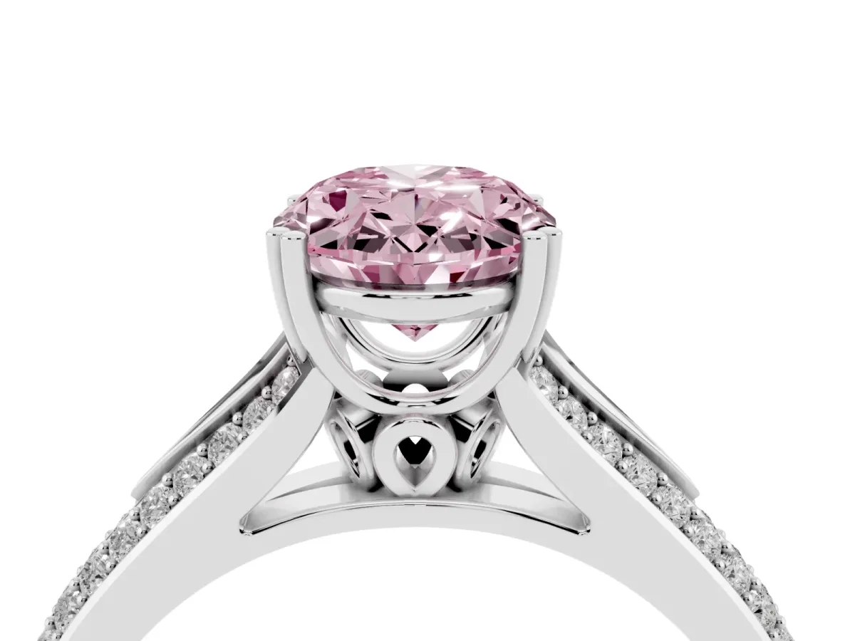 Fancy Pink Oval Cut Diamond Split Shank Engagement Ring with Pavé Band Silver