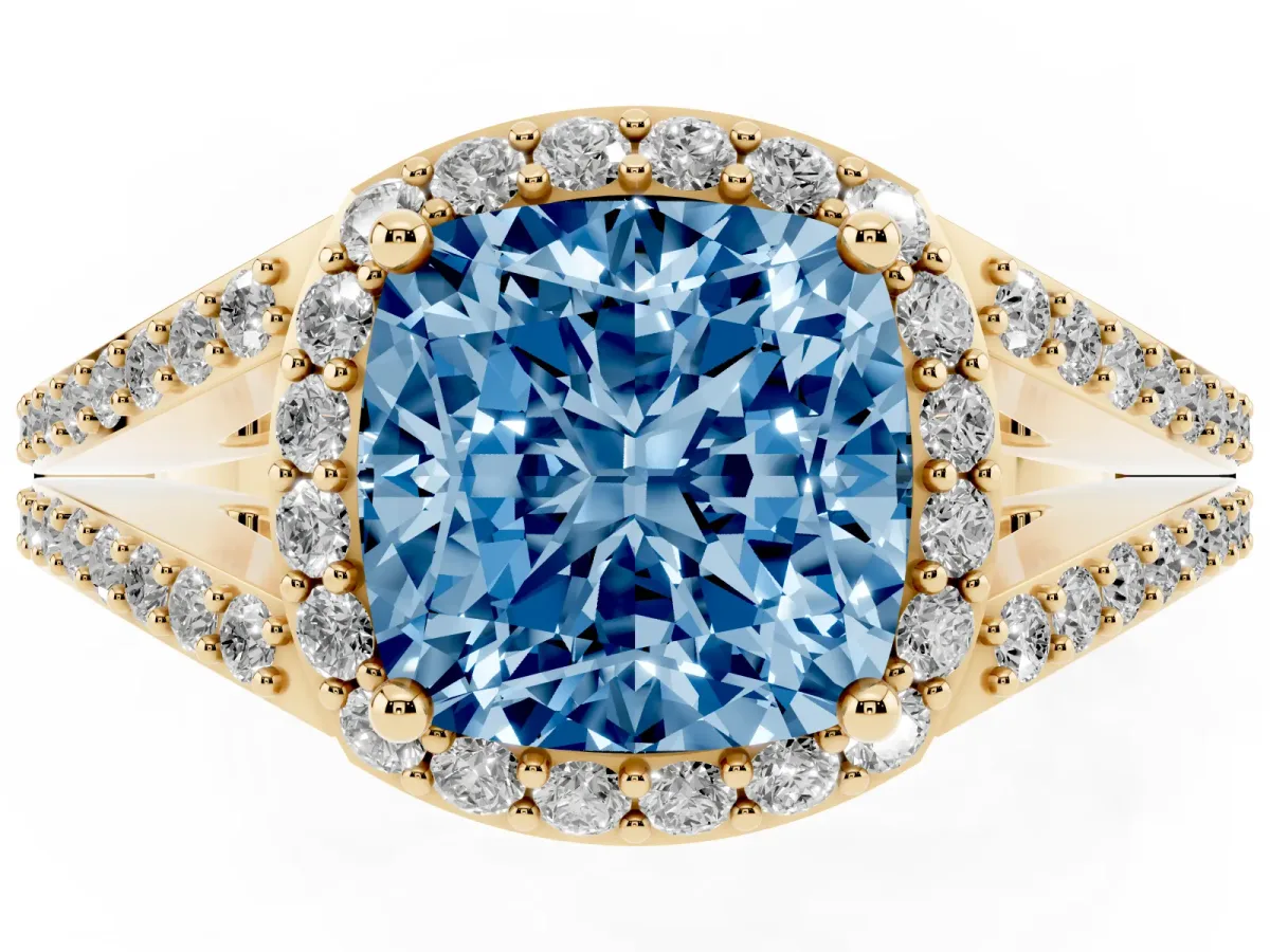 Fancy Blue Cushion Cut Halo Split Shank Diamond Ring with Prong Setting Yellow gold