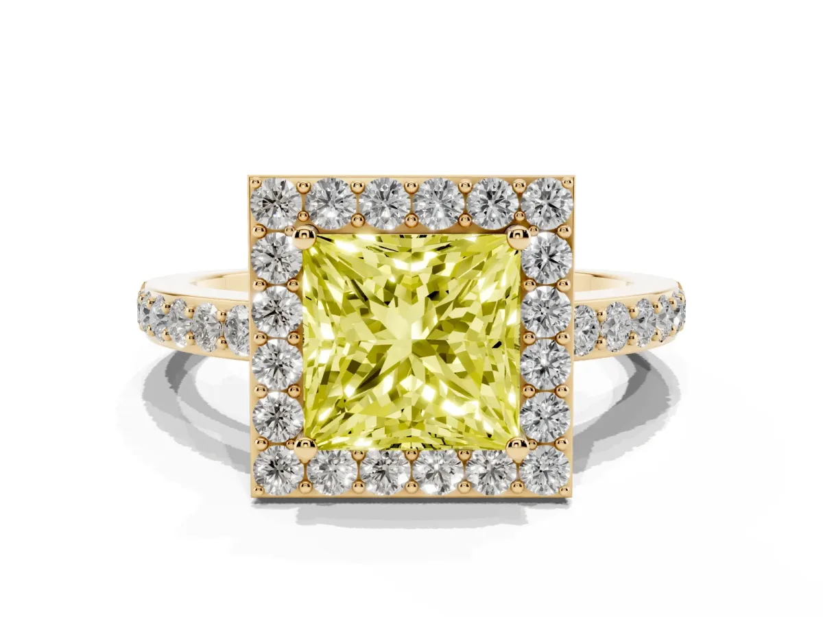 Fancy Yellow Princess Cut Halo Diamond Pavé Band Ring with Prong Setting Yellow gold