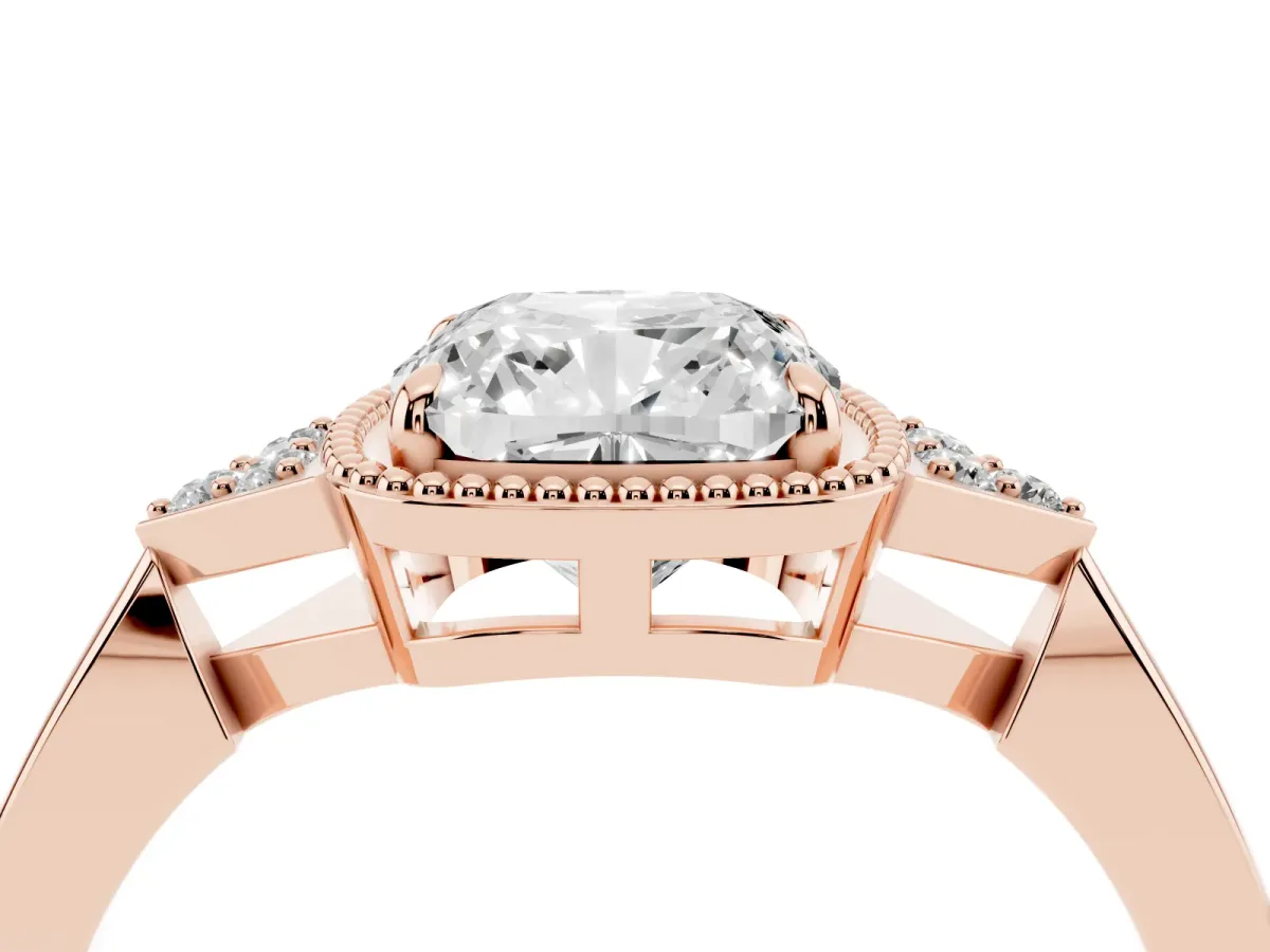 Cushion Cut Diamond Halo Ring with Tapered Band and Four-Prong Setting Rose gold