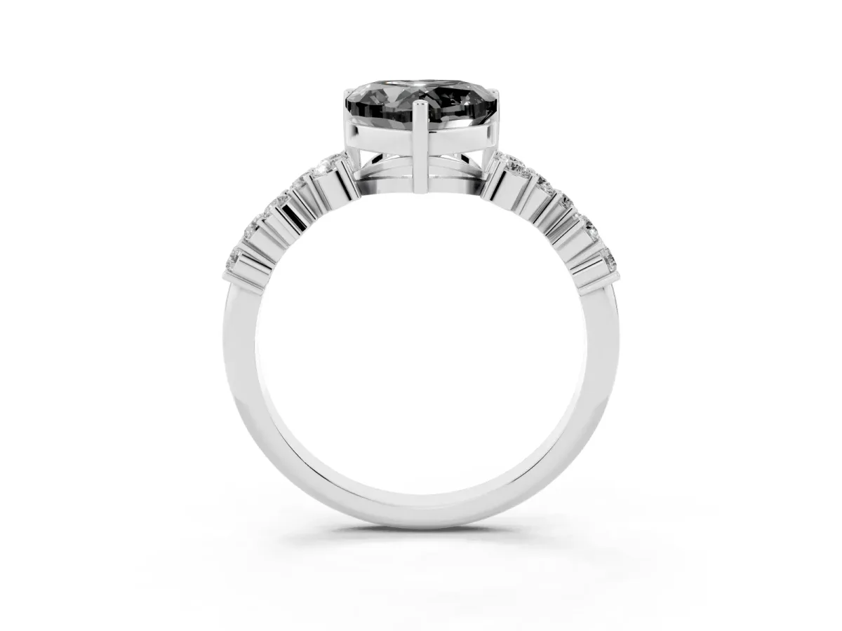 Fancy Black Heart Cut Diamond Scattered Round Accent Ring with Prong Setting White gold