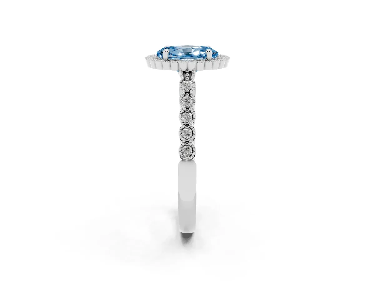 Fancy Blue Oval Cut Cut Halo Pavé Solitaire Ring with Milgrain Band Silver