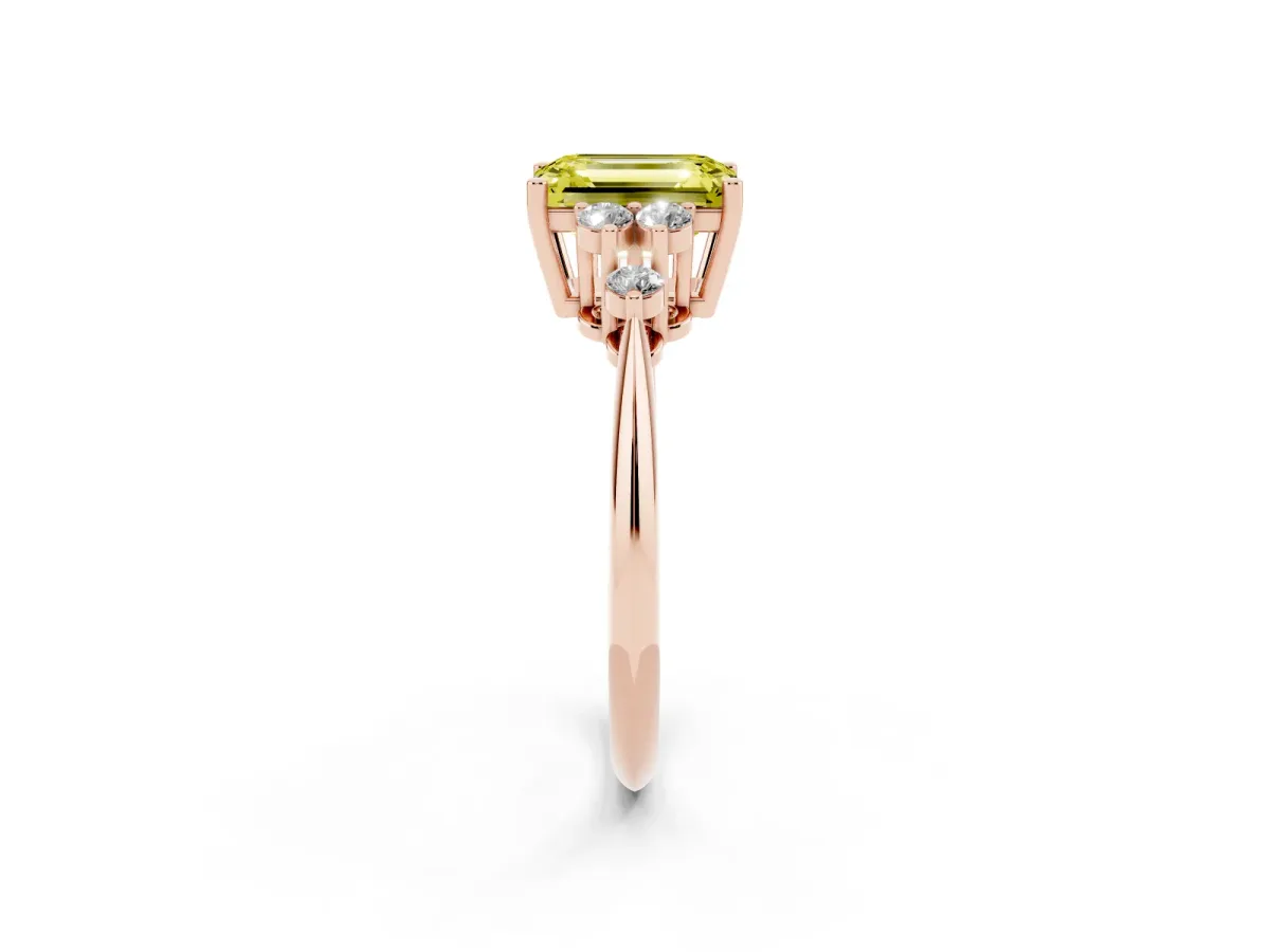 Fancy Yellow Emerald Cut Cut Diamond Cluster Ring with Solitaire Band and Four-Prong Setting Rose gold