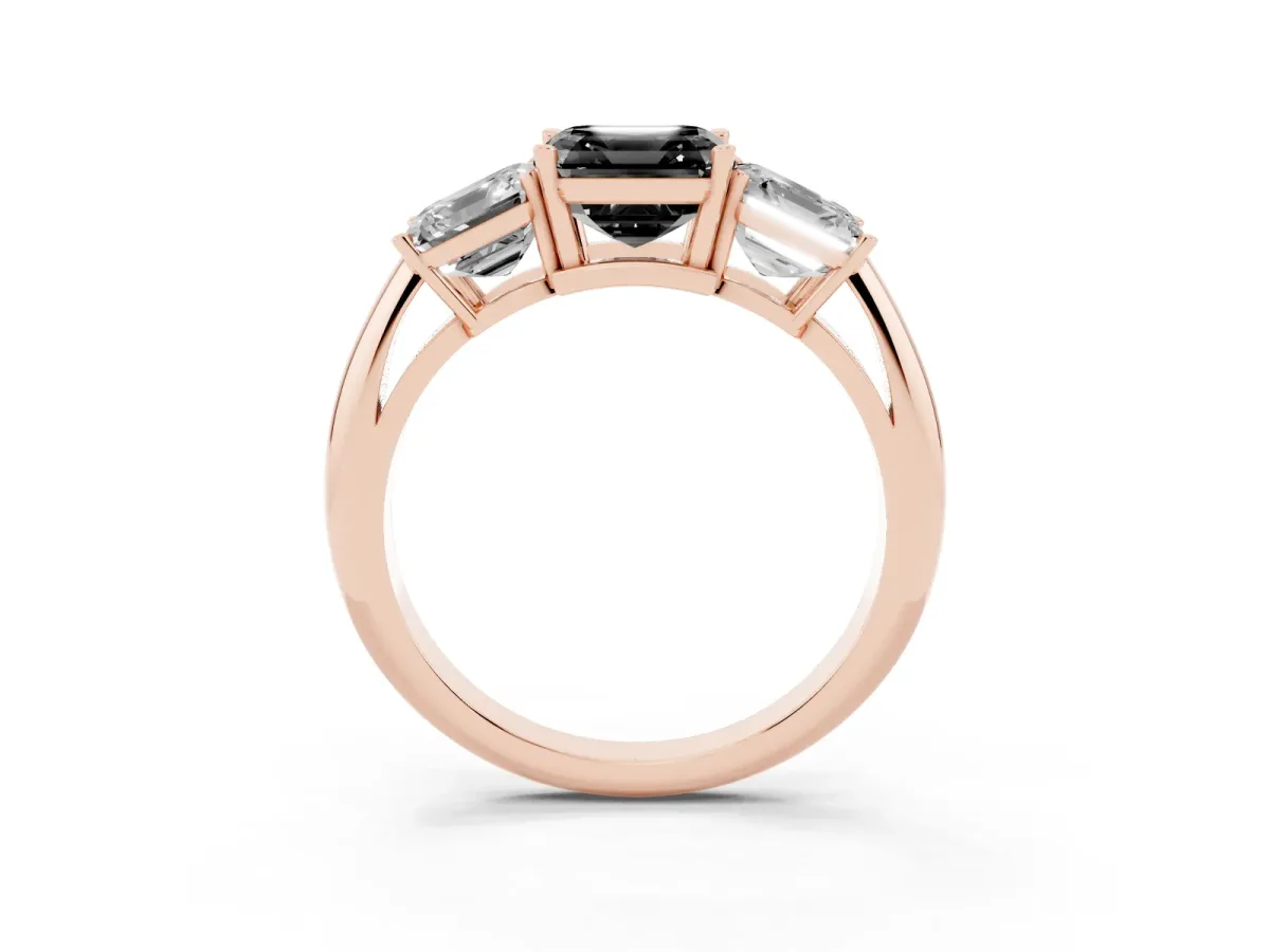 Fancy Black Three-Stone Asscher Cut Cut Diamond Engagement Ring with Prong Setting on a White Gold Band Rose gold